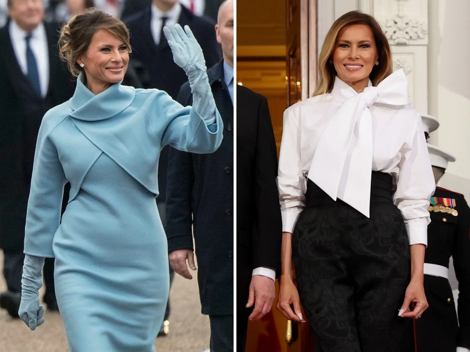 Melania Trump is shown in a side-by-side collage, waving in blue and standing in a white bow blouse.