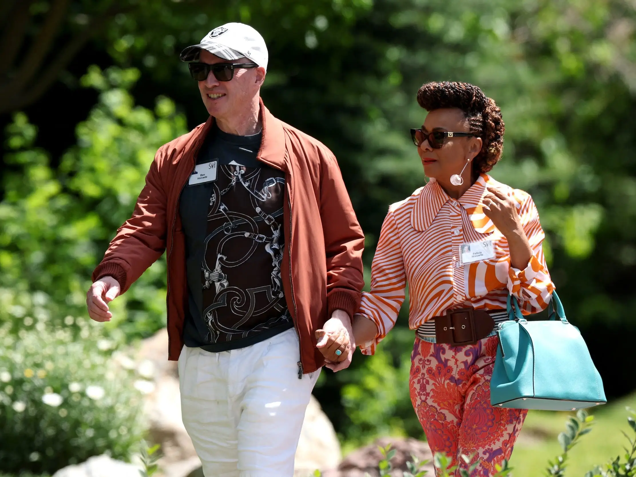Ben and Felicia Horowitz walk together during the Allen and Company Sun Valley Media and Technology Conference