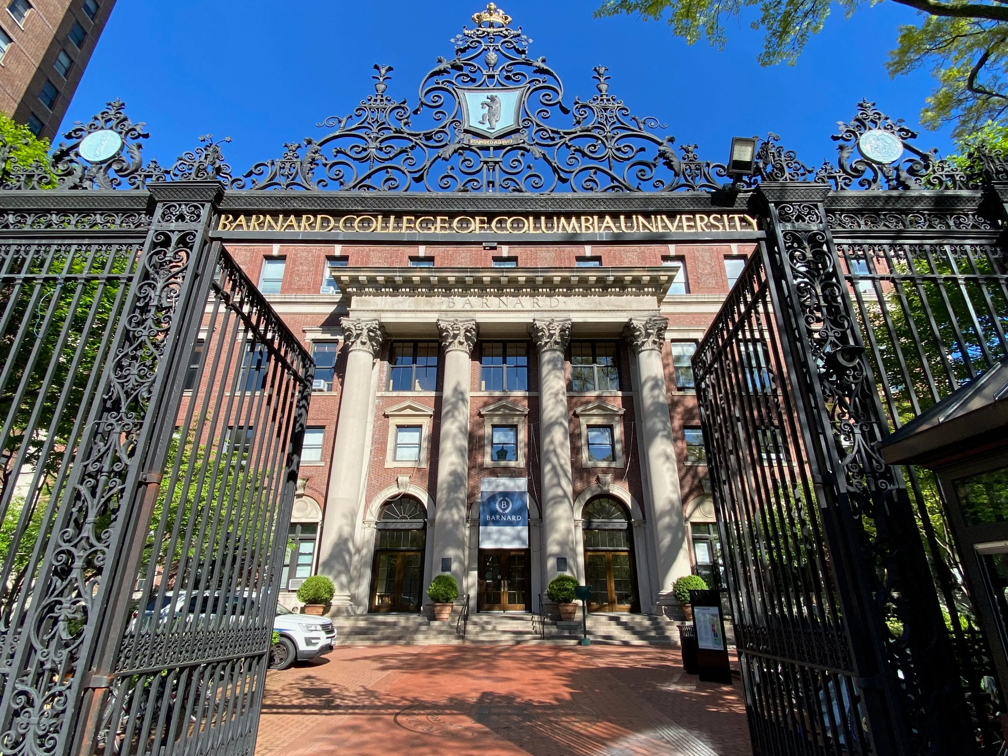 New York, NY USA - May 6, 2023 : The facade of Barnard Hall seen through the open main gates of Barnard College of Columbia University on Broadway in Morningside Heights, Manhattan, New York City