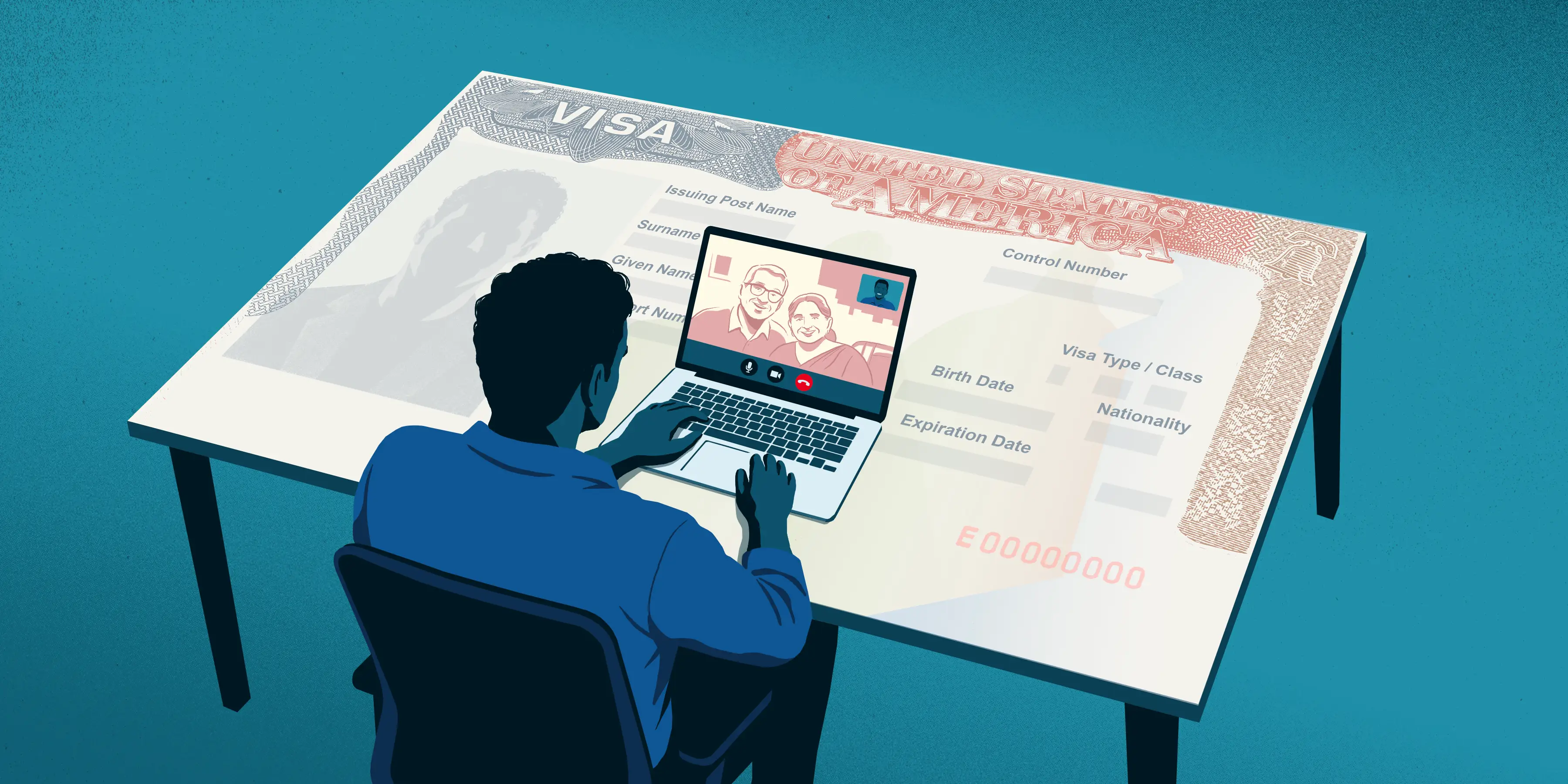 Person uses a laptop for a video call atop an oversized United States visa document.