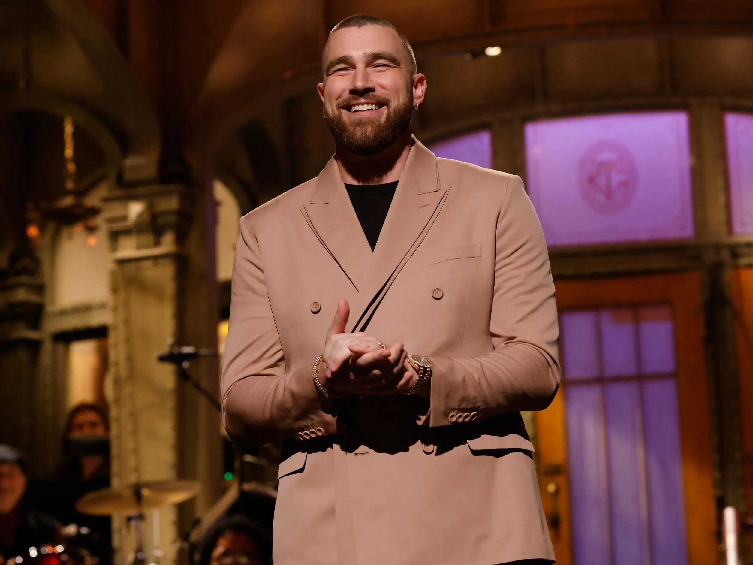 Travis Kelce, Kelsea Ballerini Episode 1840 -- Pictured: Host Travis Kelce during the Monologue on Saturday, March 4, 2023