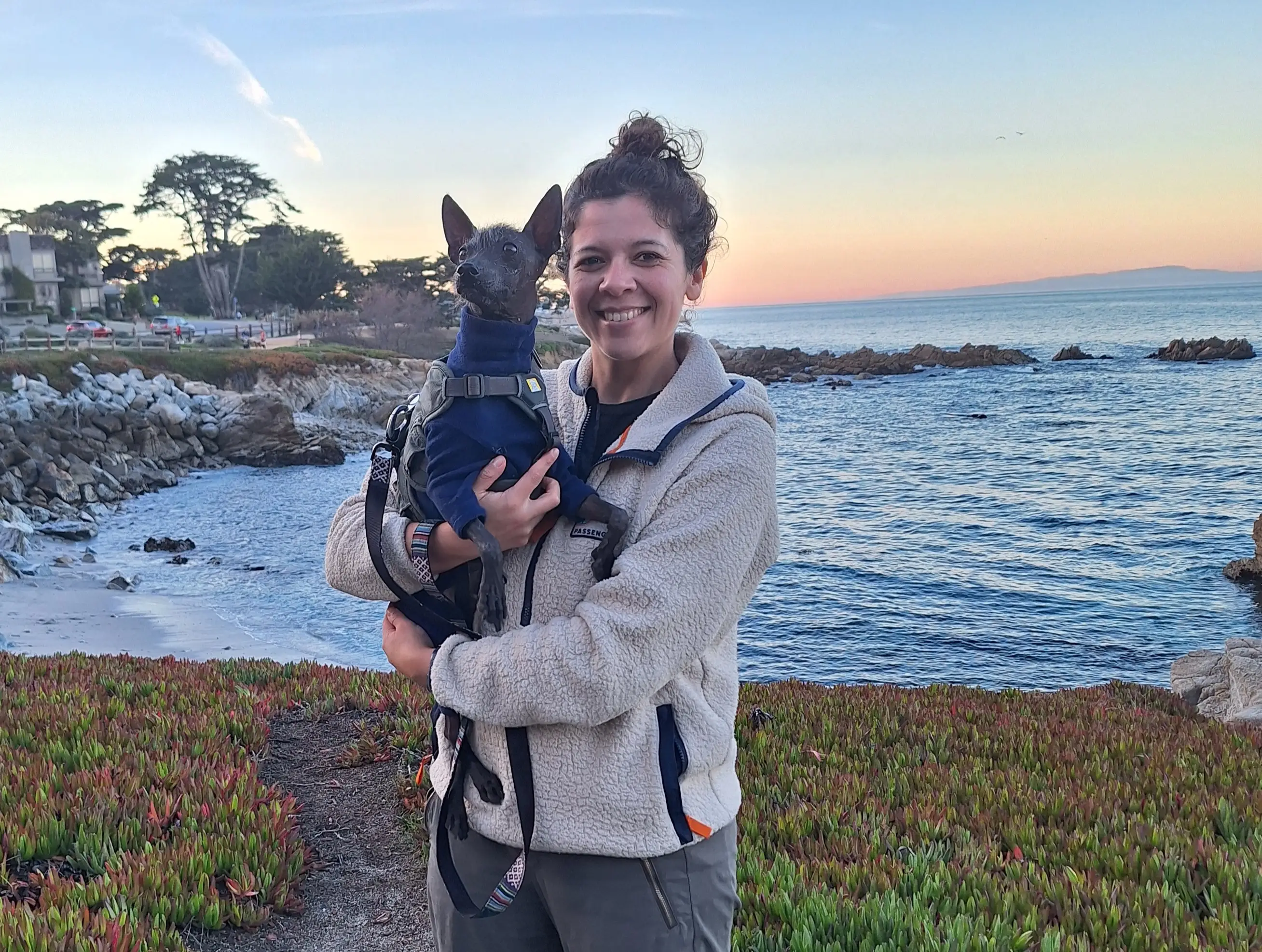 Smiling person holds a small black dog on a coastal path overlooking rocky shoreline and ocean at sunset.