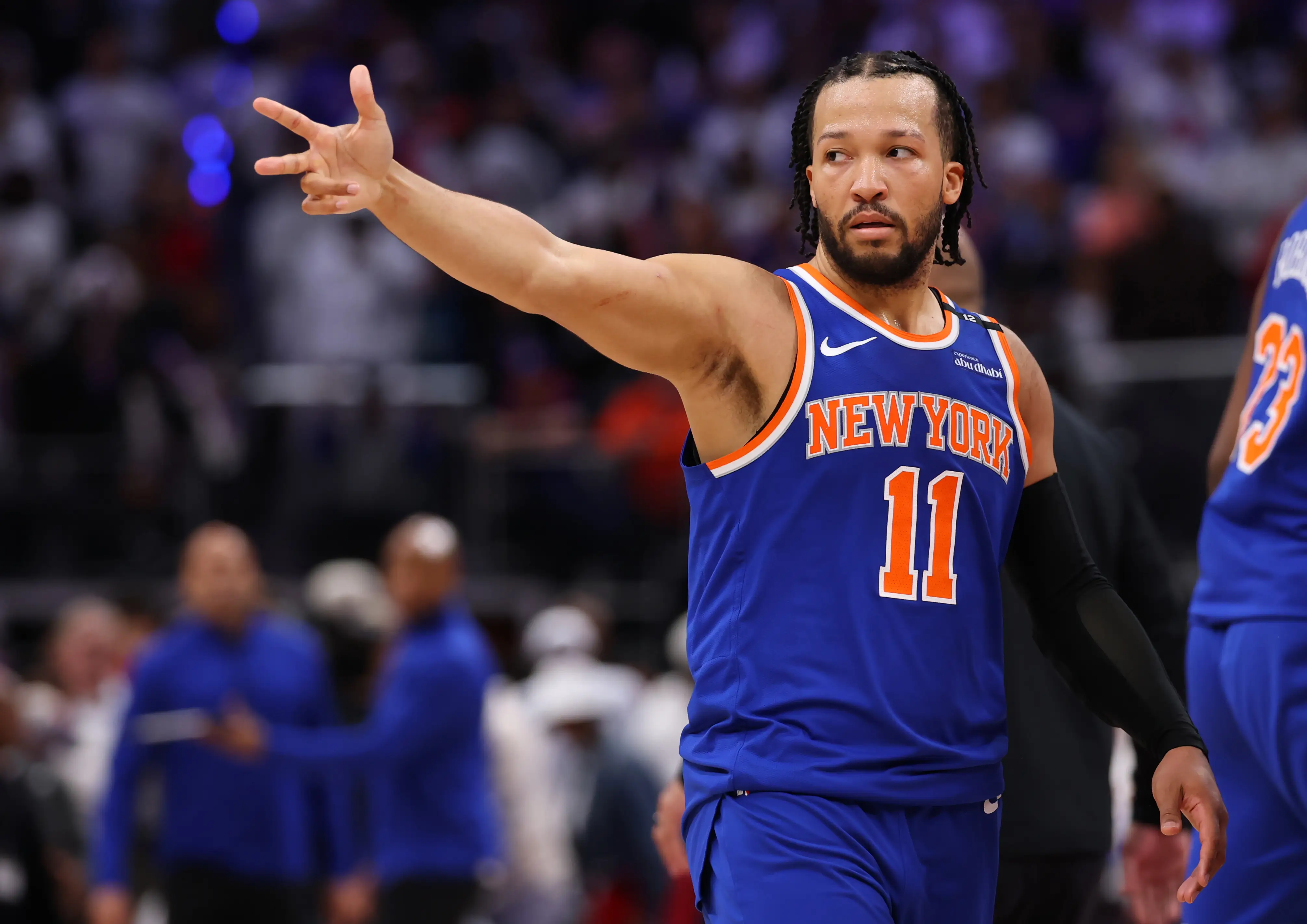 alen Brunson #11 of the New York Knicks celebrates after making a three-point basket late during the fourth quarter against the Detroit Pistons in Game Six of the Eastern Conference First Round NBA Playoffs at Little Caesars Arena on May 01, 2025 in Detroit, Michigan.