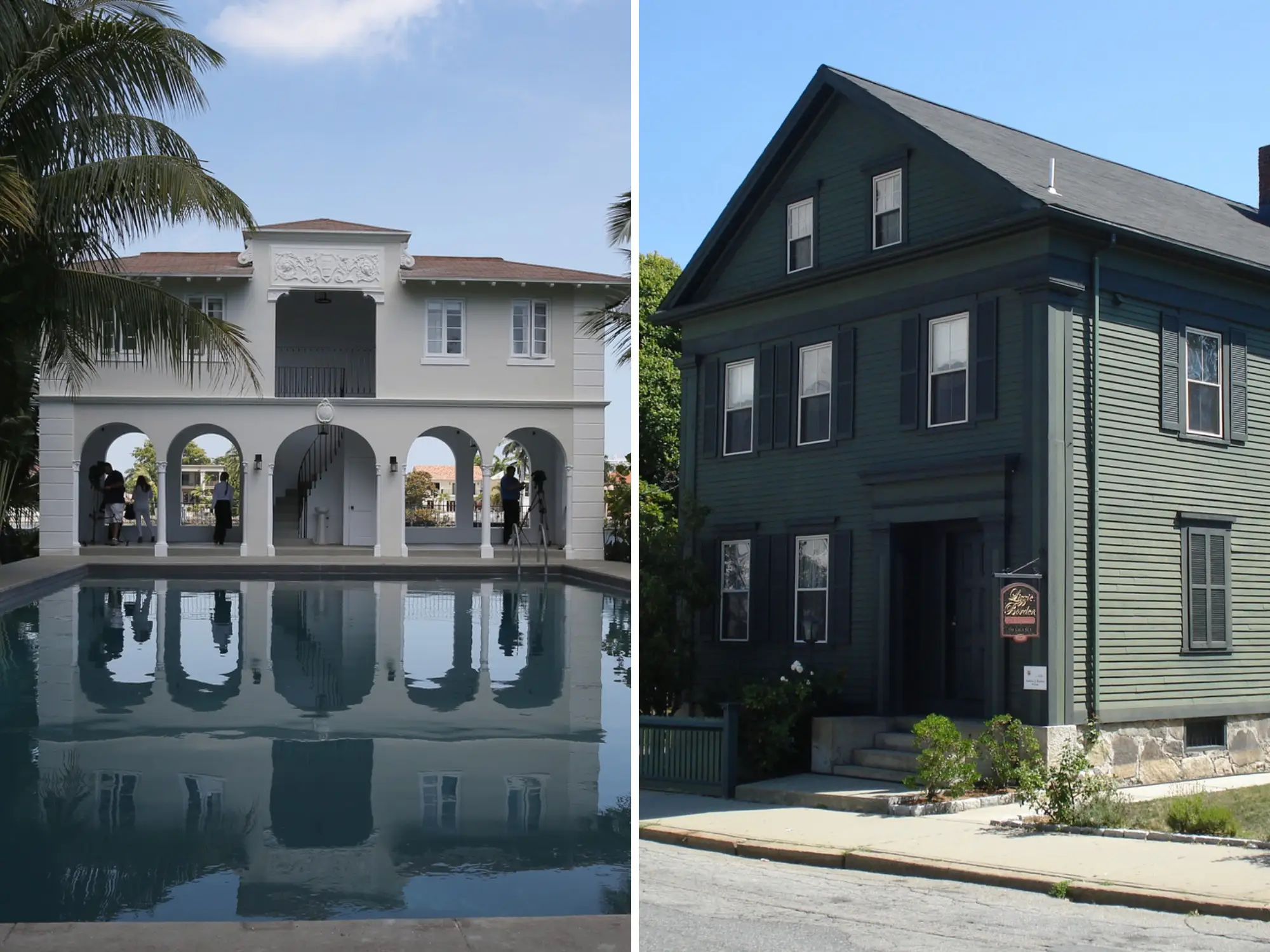 Side-by-side views of a white arched poolside villa and a dark green historic house with a hanging sign.