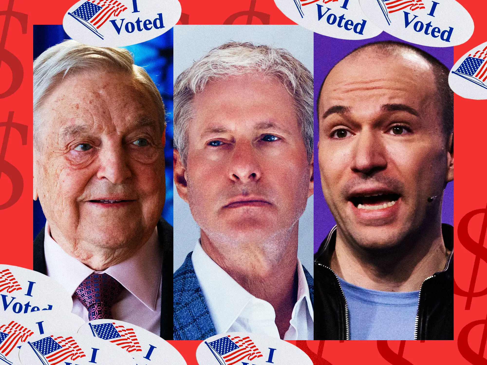 Photo collage featuring George Soros, Chris Larsen, and Greg Brockman