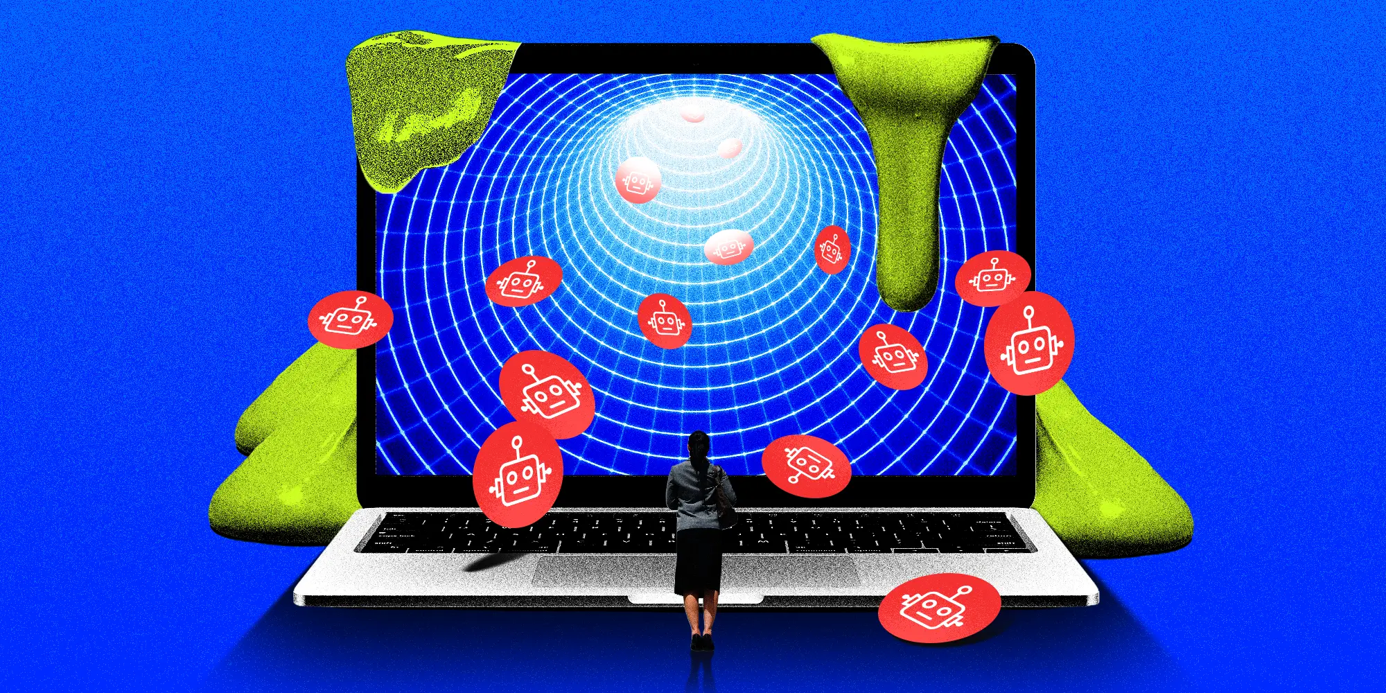 A woman looking up at a slimed laptop displaying a digital vortex spilling out AI detector icons