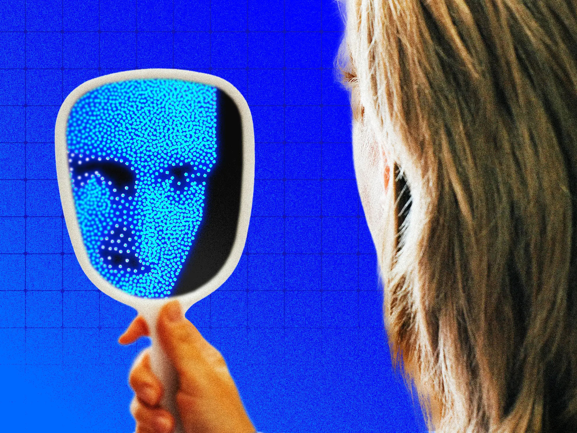 A woman looking into a mirror and seeing a digital face in the reflection