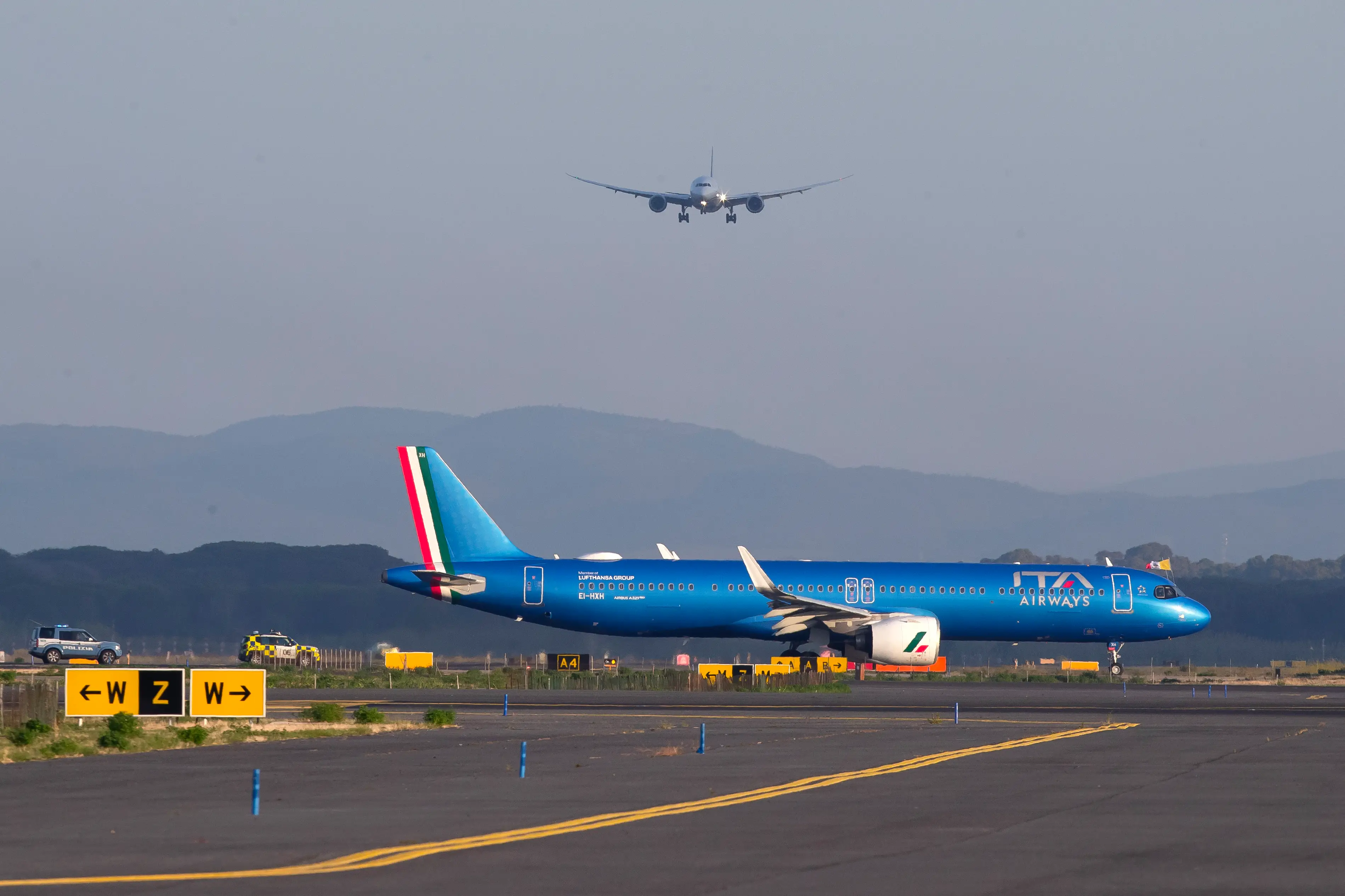 The plane carrying Pope Leo XIV awaits takeoff from Fiumicino International Airport for Paris, where the Pope will begin his four-day apostolic visit to France.