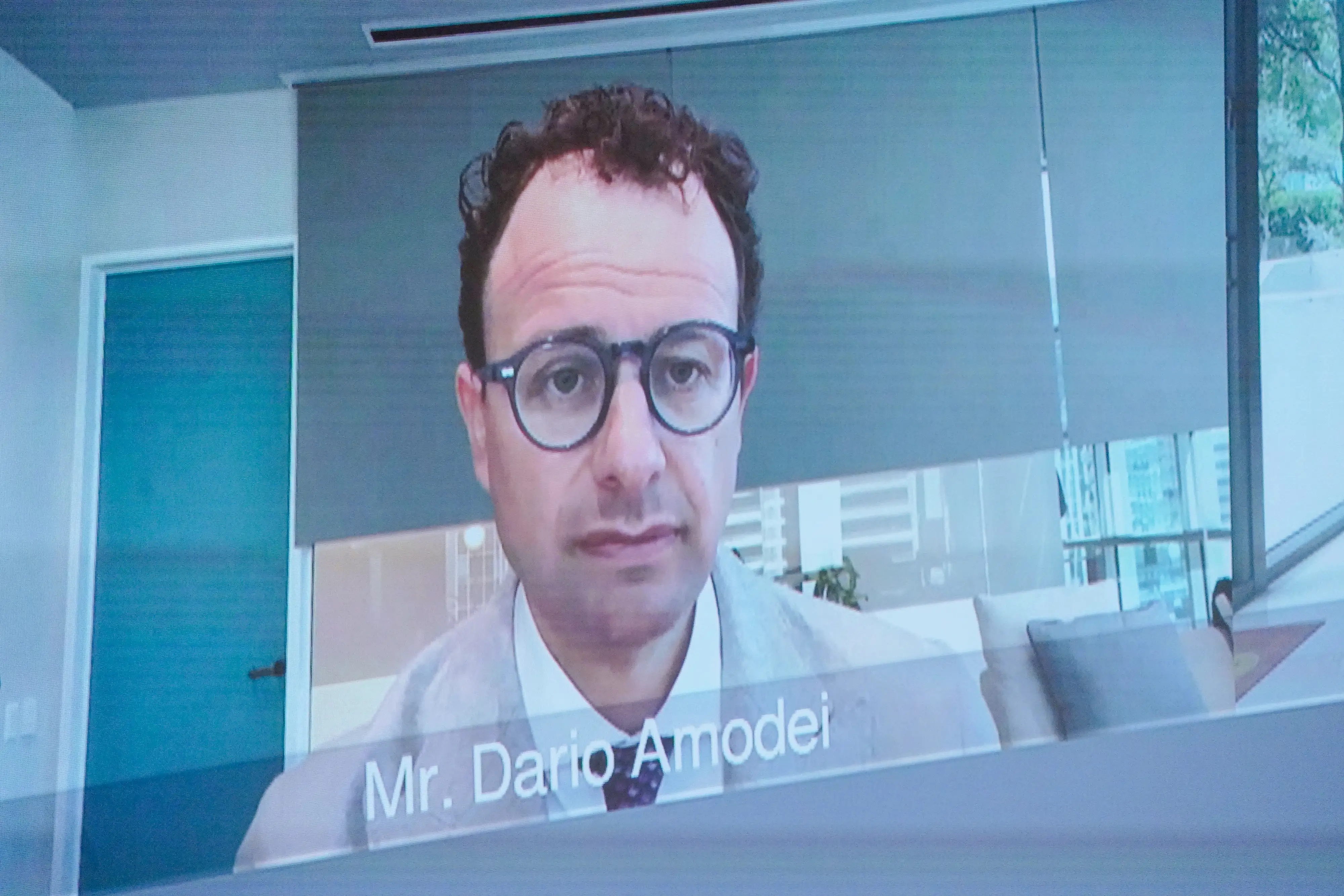 Dario Amodei speaking by videoconference at the UN