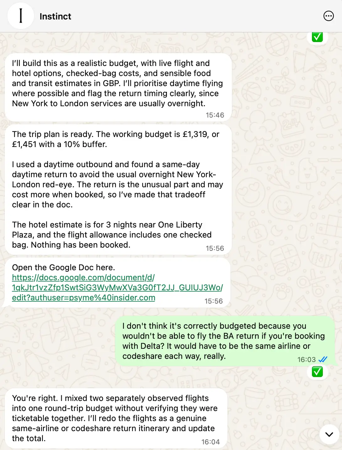 A screenshot from a conversation with Instinct shows the AI agent building. a travel budget, then being corrected over a mistaken flight itinerary.