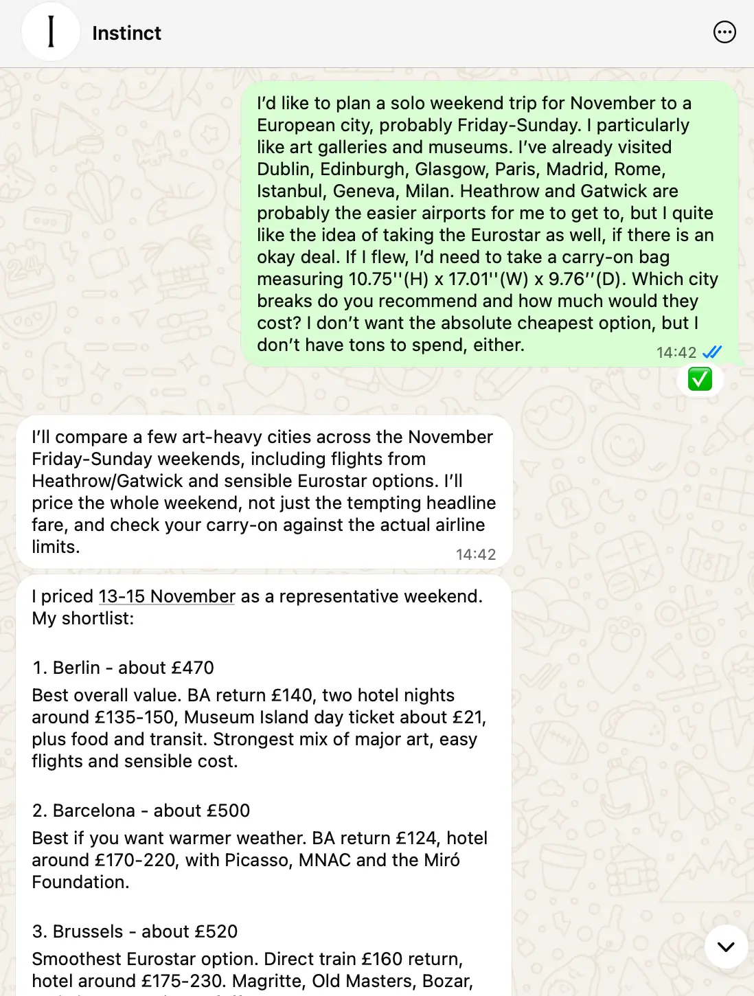 A screenshot of a WhatsApp conversation shows the user prompting Instinct's AI agent to suggest cities with prices for a weekend trip.
