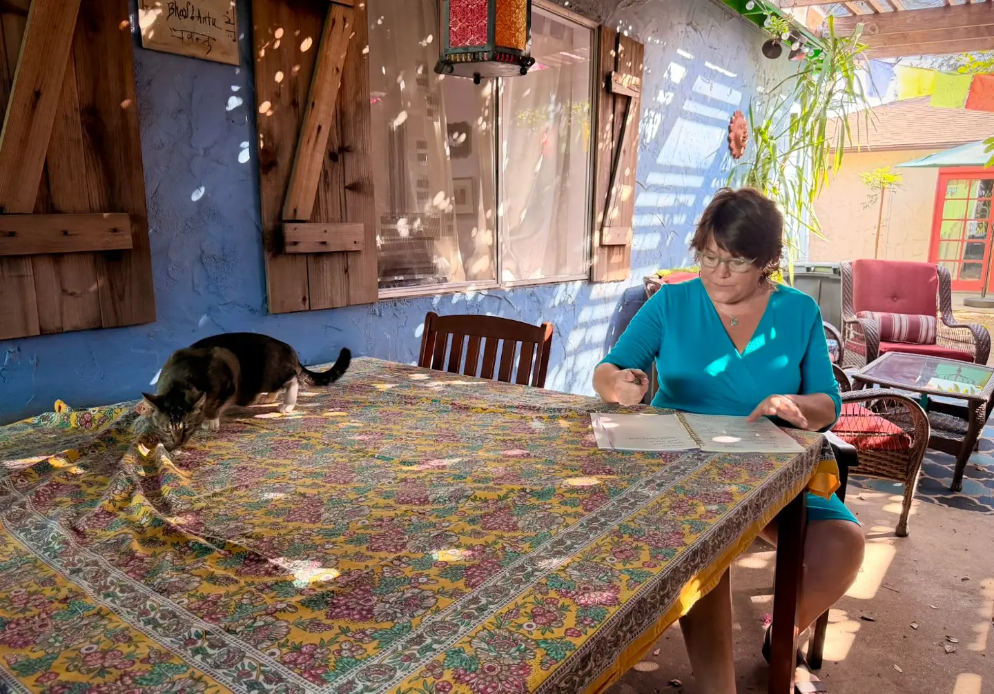 The writer sits at a table outside and writes, while a cat climbs across the table.