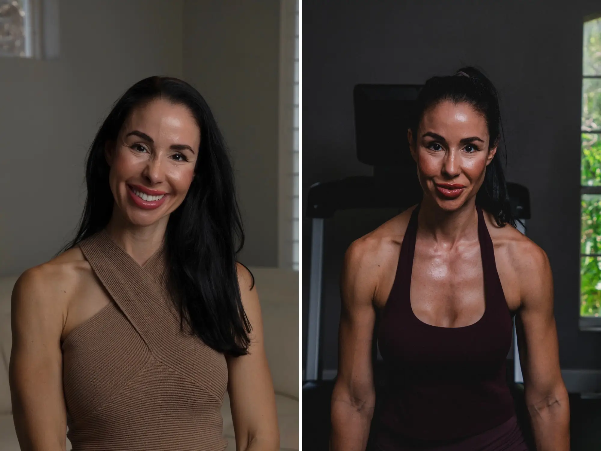 composite image, on the left is a protrait of the author and on the right she is strength training
