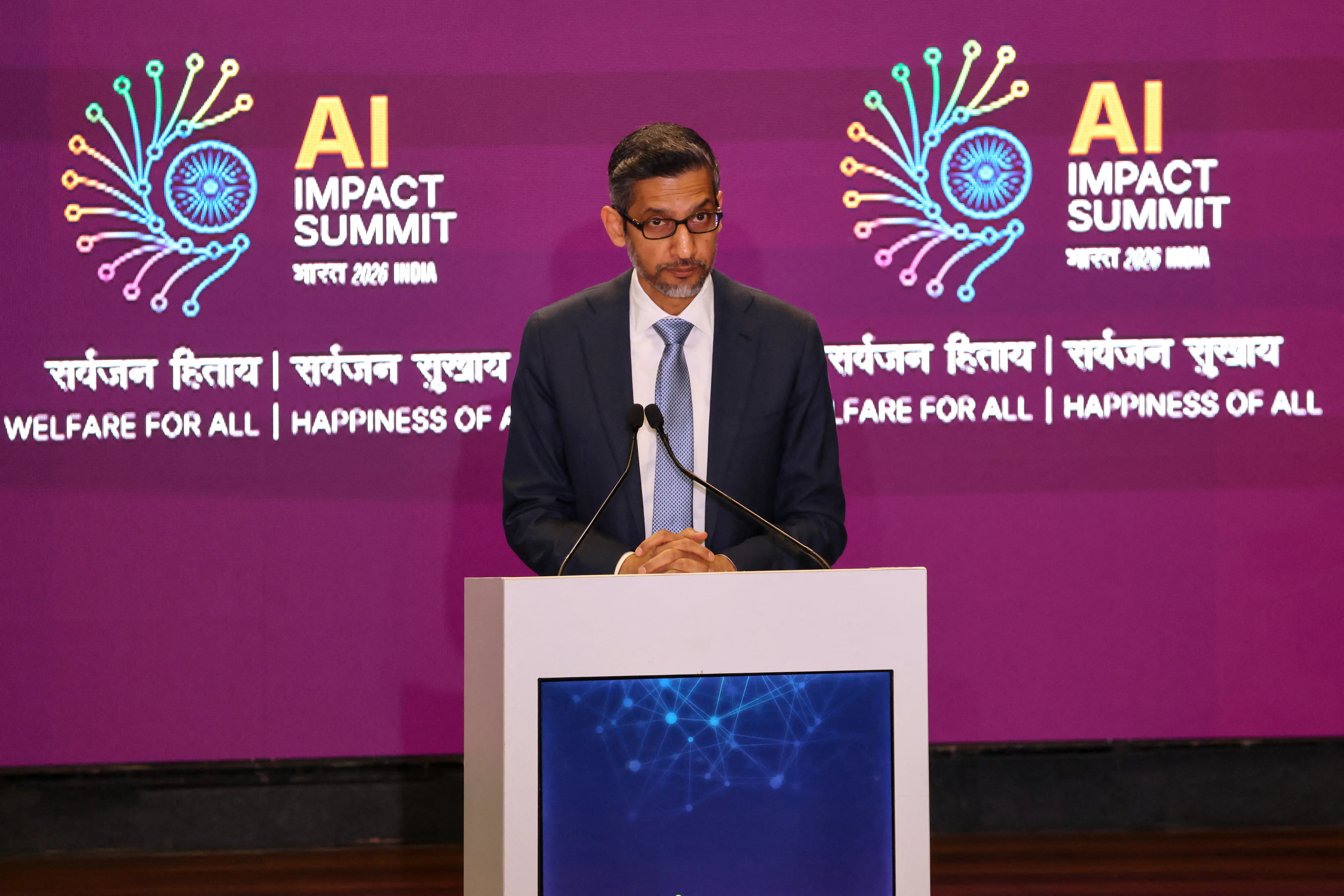 Google CEO Sundar Pichai delivers a speech during the AI Impact Summit in New Delhi on February 19, 2026