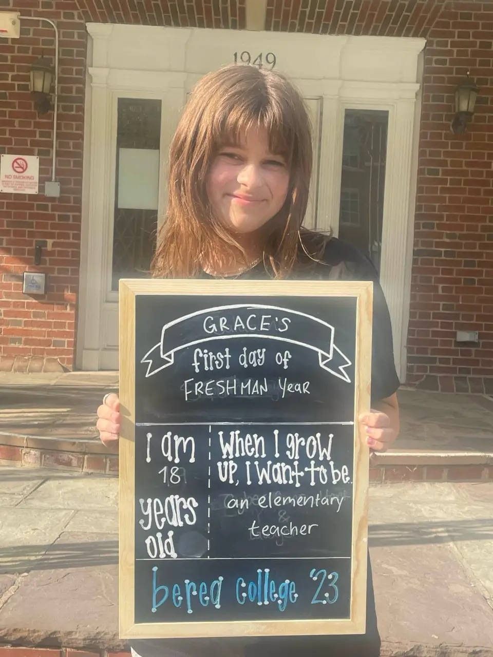 Berea College student Grace Mullins on her first day of classes in 2023.