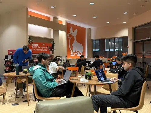 People work on laptops at small tables in a modern café with an orange animal-logo wall mural.