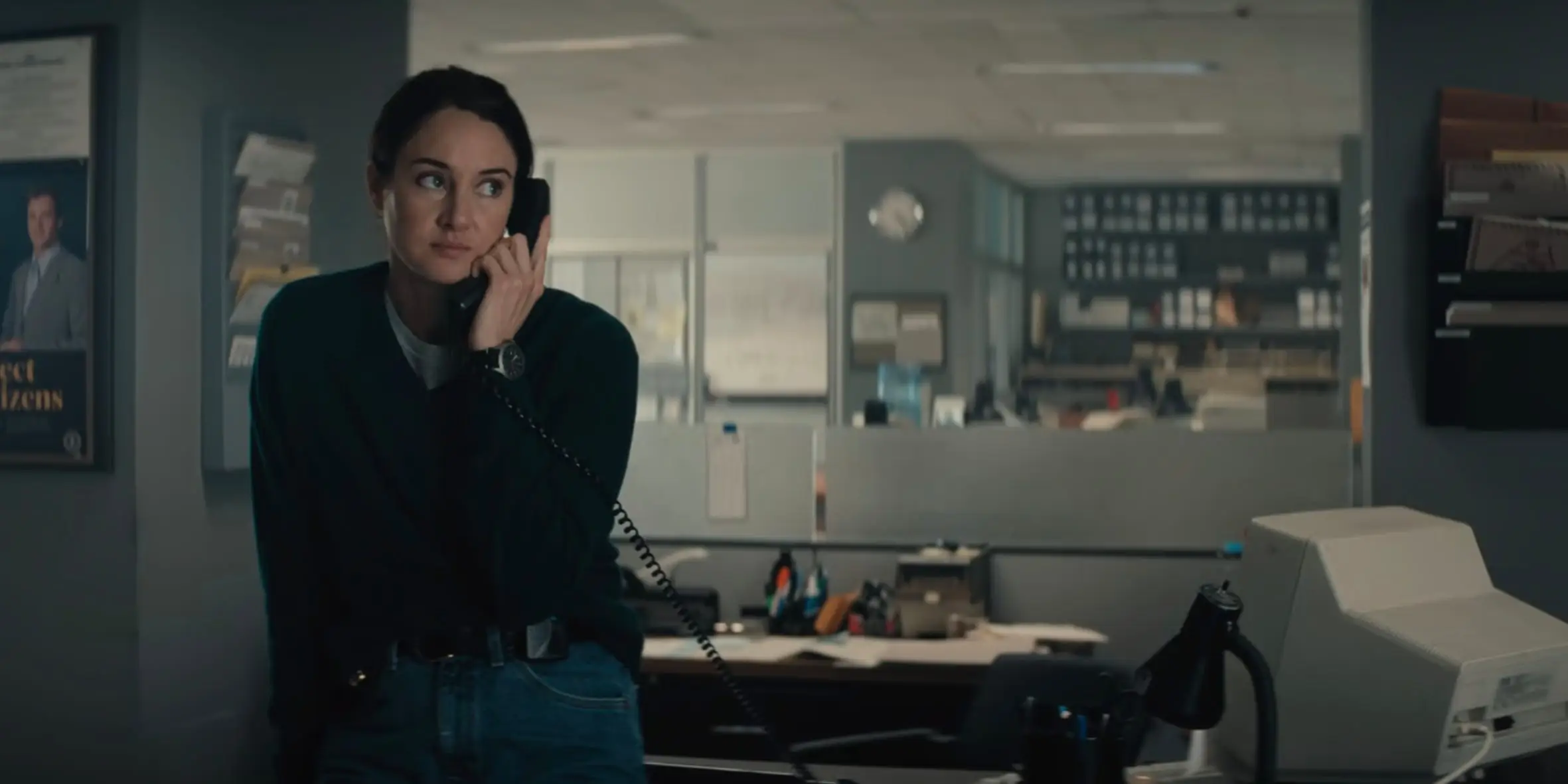 Shailene Woodley holding a phone to her ear in Unabomber movie