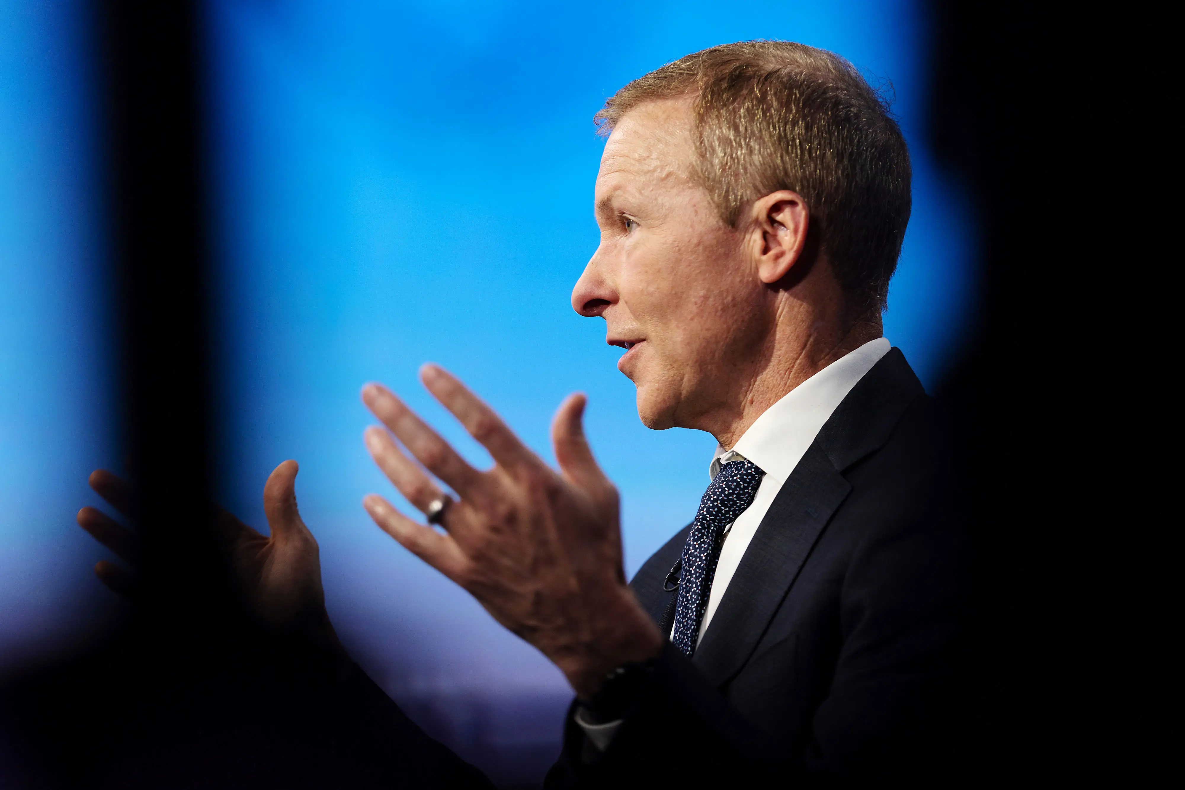 Scott Kirby, chief executive officer at United Airlines Holdings Inc., during a Bloomberg Television interview in New York, US, on Tuesday, Sept. 16, 2025. Kirby said demand for air travel is improving which signals a stronger economy.