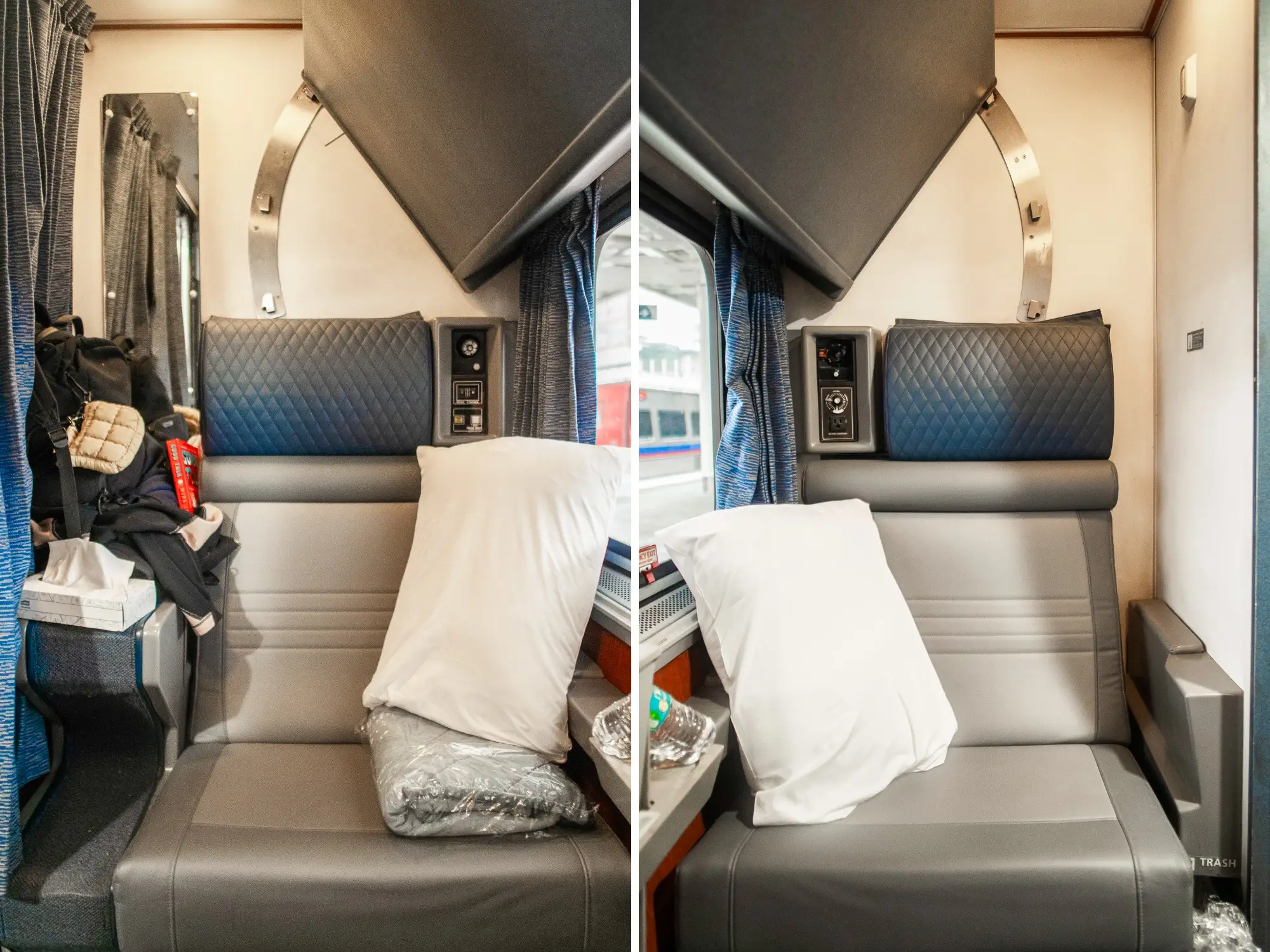 Two side-by-side views show gray seats with pillows and curtains inside a compact train compartment.