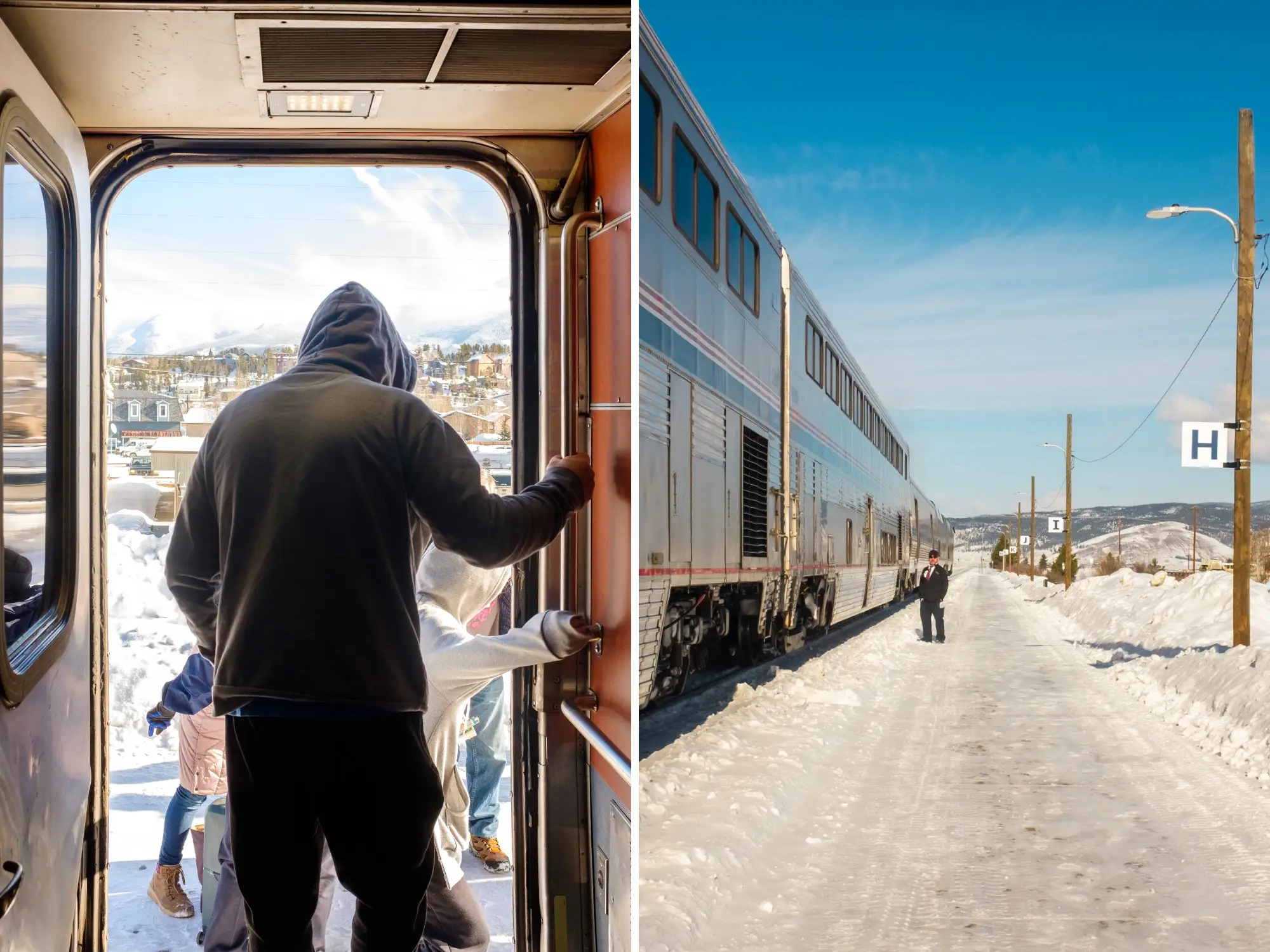 Passengers board a train beside a snowy platform, with a silver railcar stopped under a clear blue sky.
