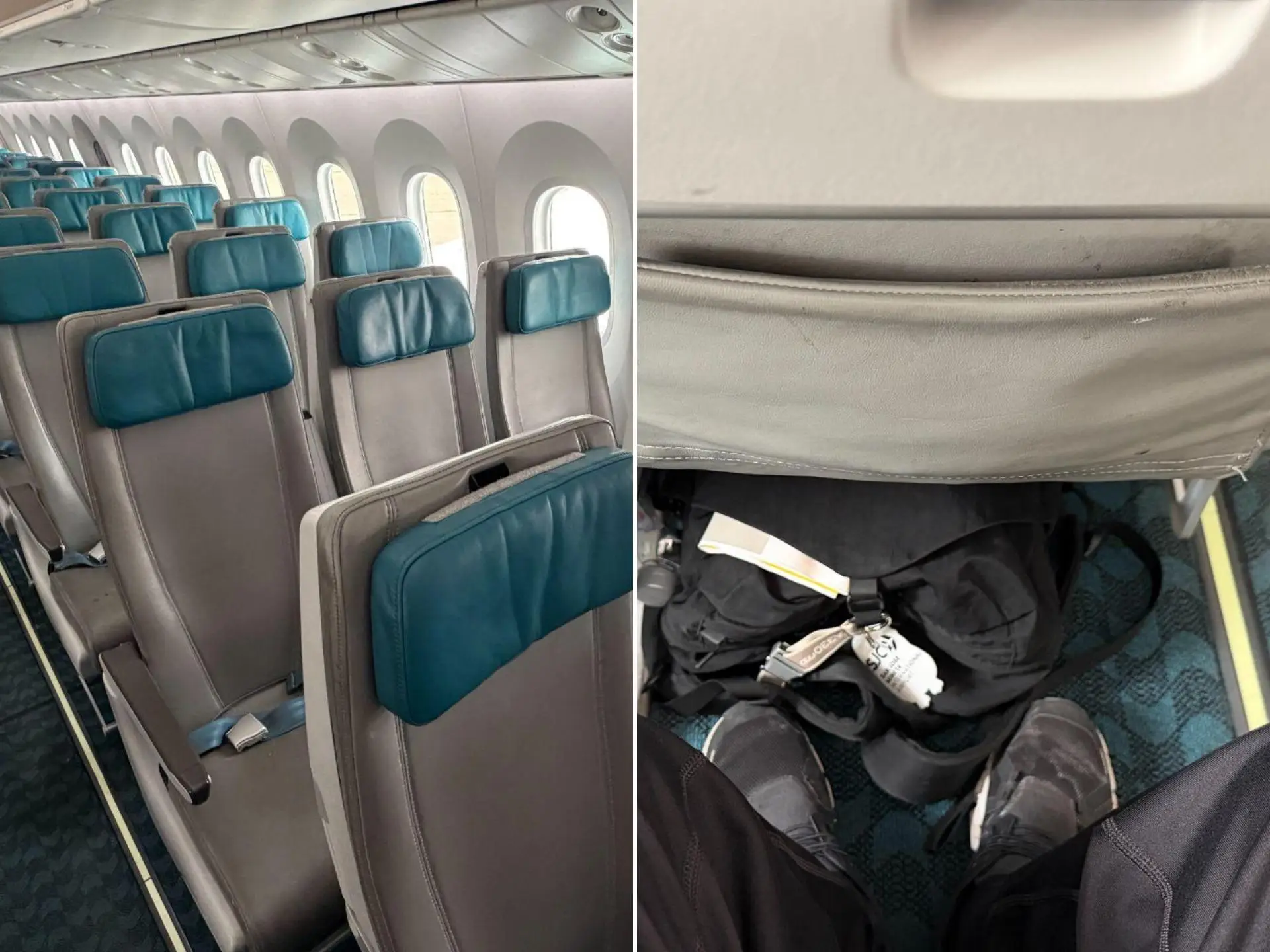 The 787 cabin with teal headrests and beige cushions and seatbacks.