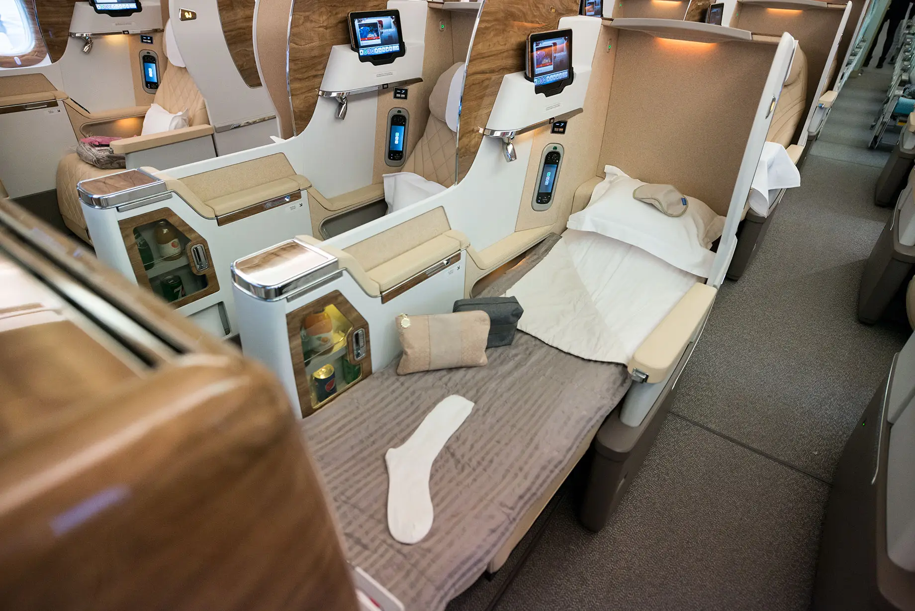 A business-class seat on Emirates.