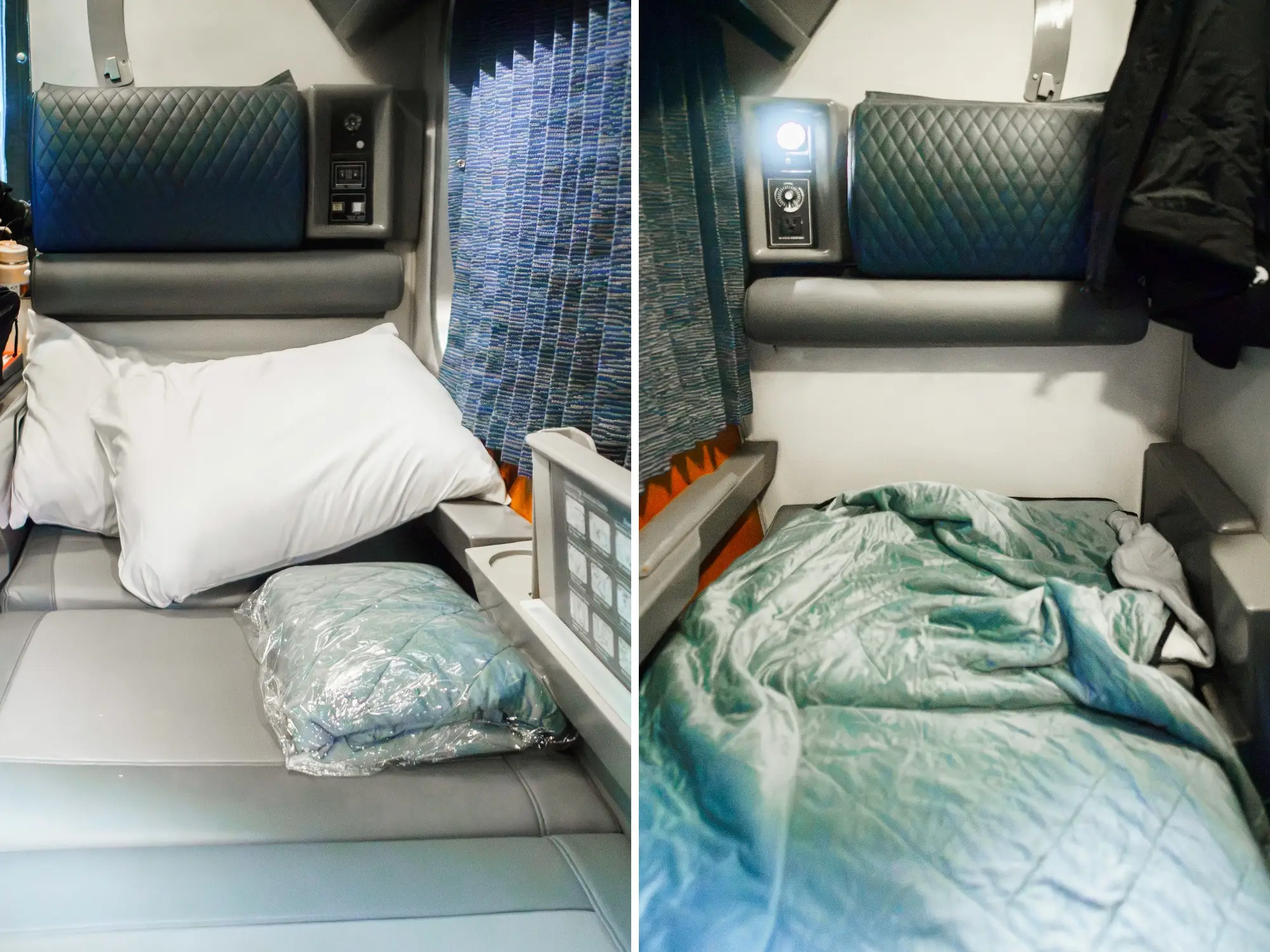 Private sleeper compartment with fold-down bed, pillows, blanket, curtains, reading light, and quilted wall padding.