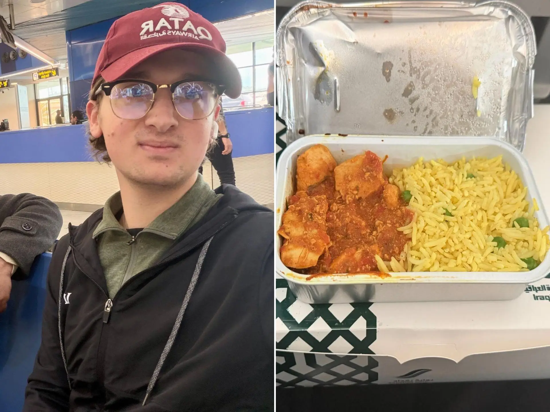 A photo of the author in a maroon hat next to a photo of the chicken and yellow rice meal.