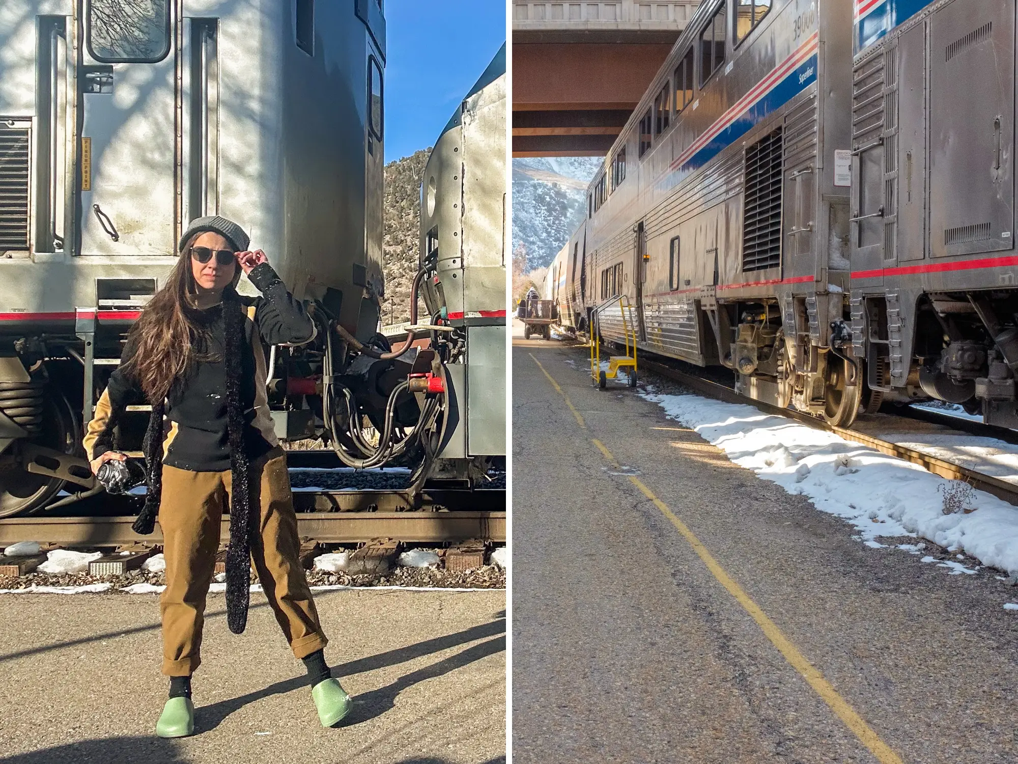 Person wearing sunglasses stands beside an Amtrak train, with a snowy platform and railcars shown alongside.