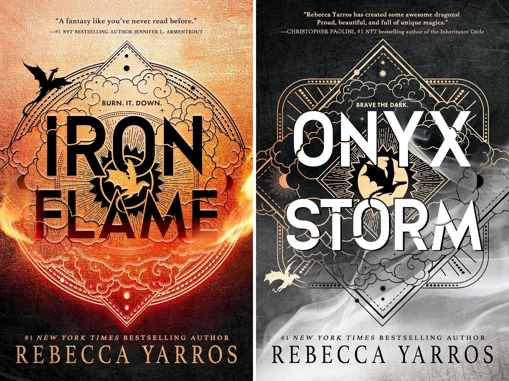 Two Rebecca Yarros fantasy book covers, Iron Flame and Onyx Storm, shown side by side with dragon artwork.