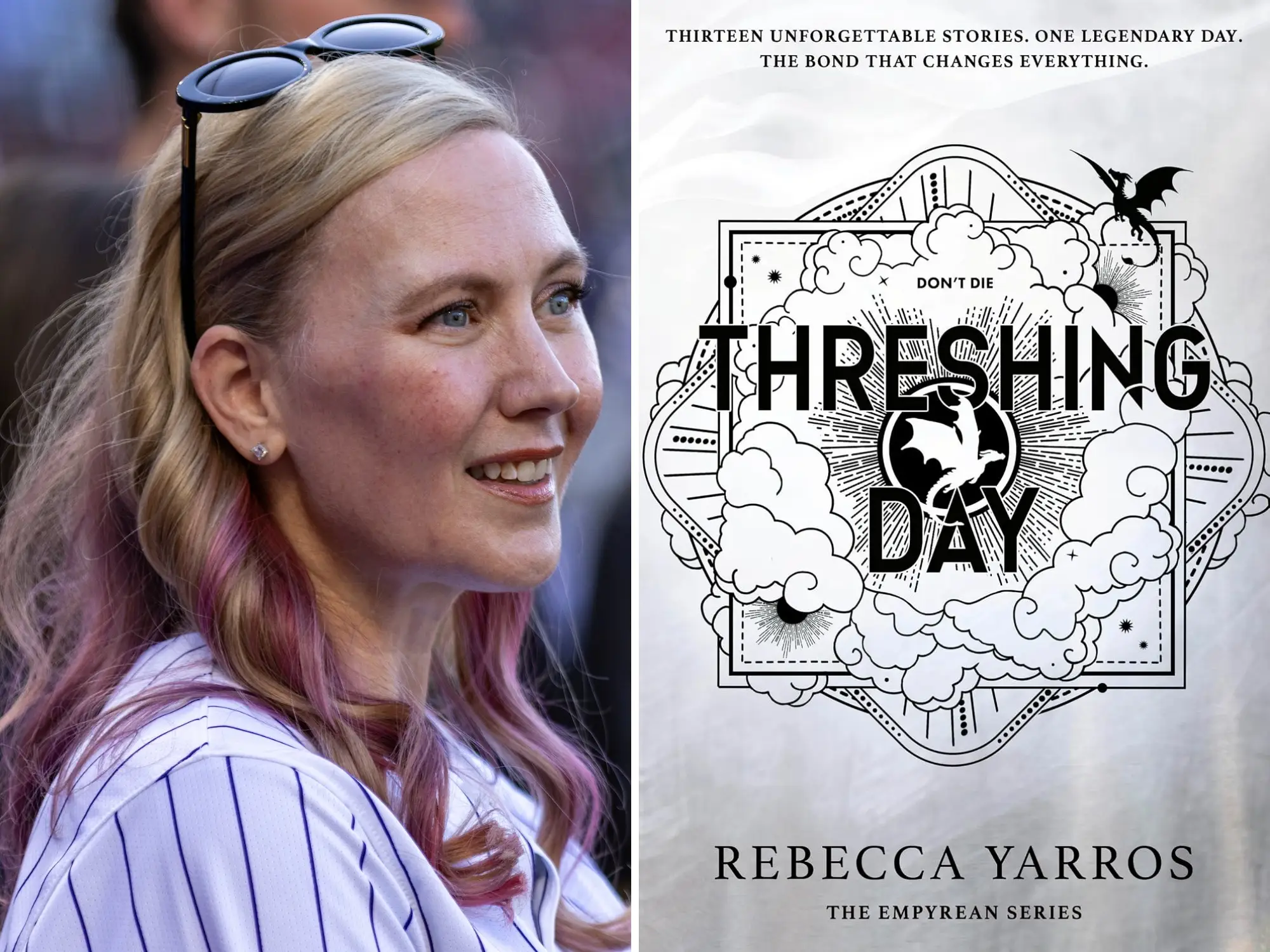 Rebecca Yarros looks off camera next to the cover of 