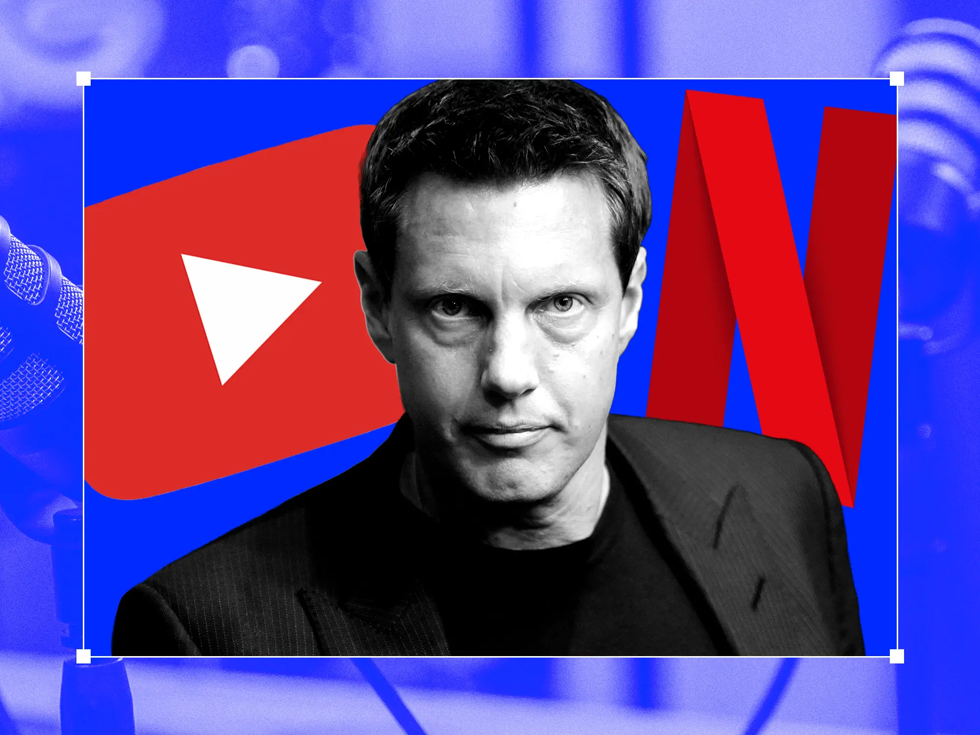 David Ellison with a youtube logo and Netflix logo