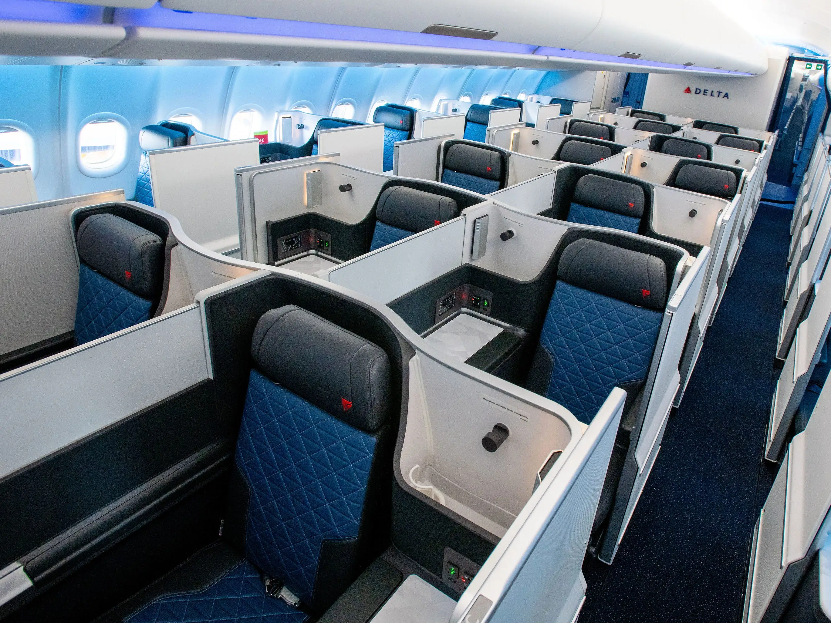 The DeltaOne international business class cabin on board a Delta Air Lines Airbus A330-900neo