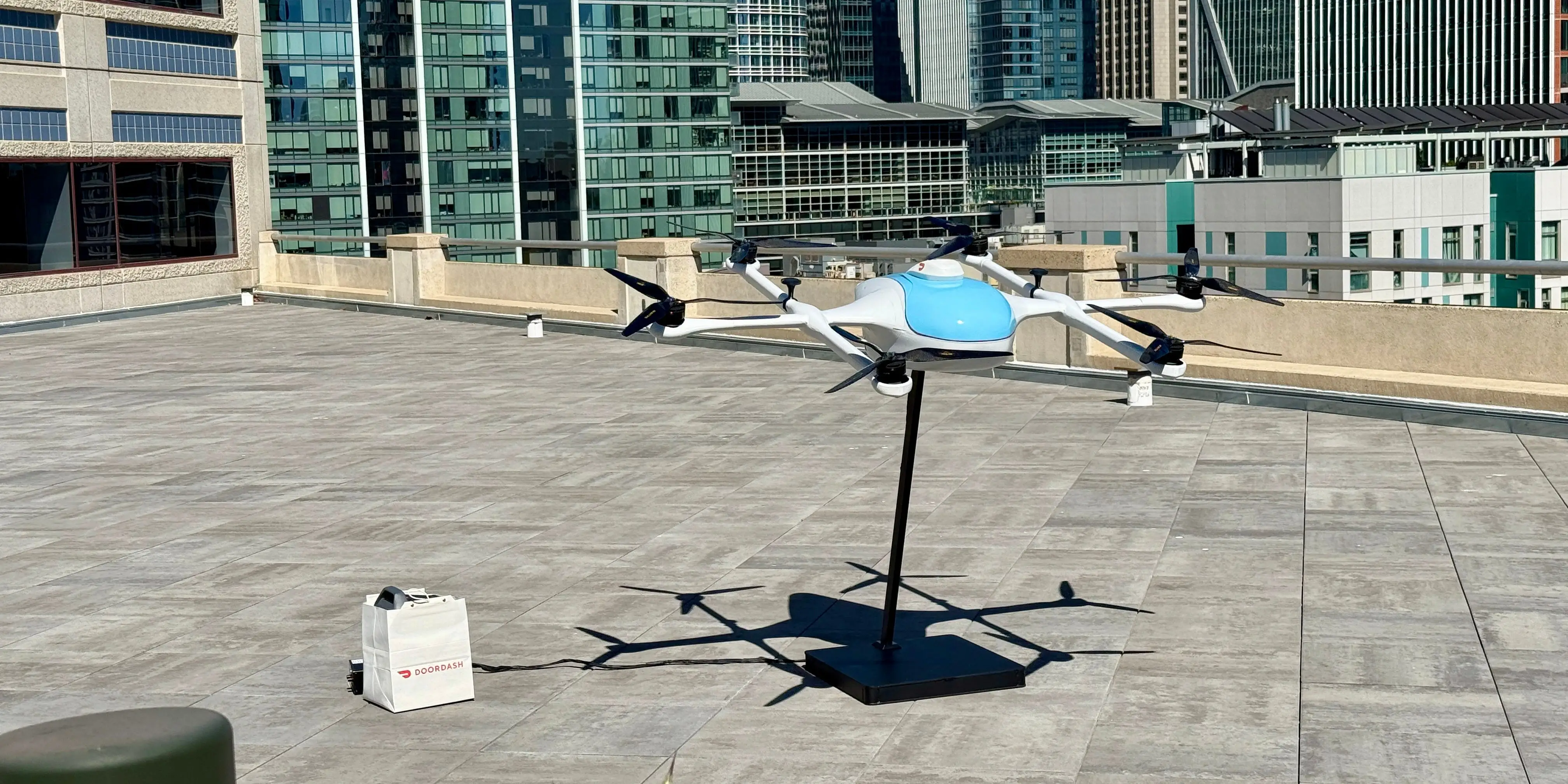 A delivery drone on a stand