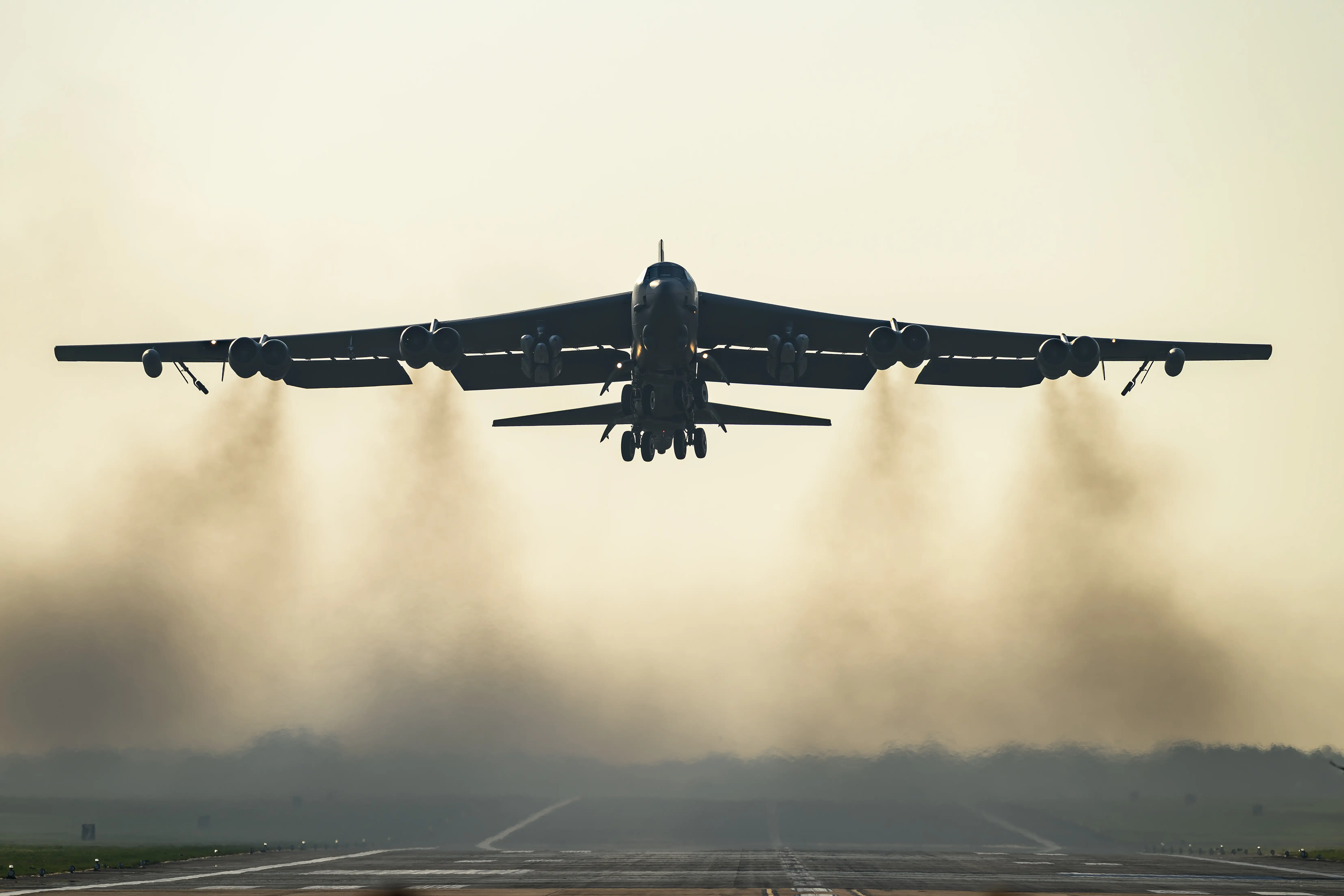 A B-52 Stratofortress about to land.