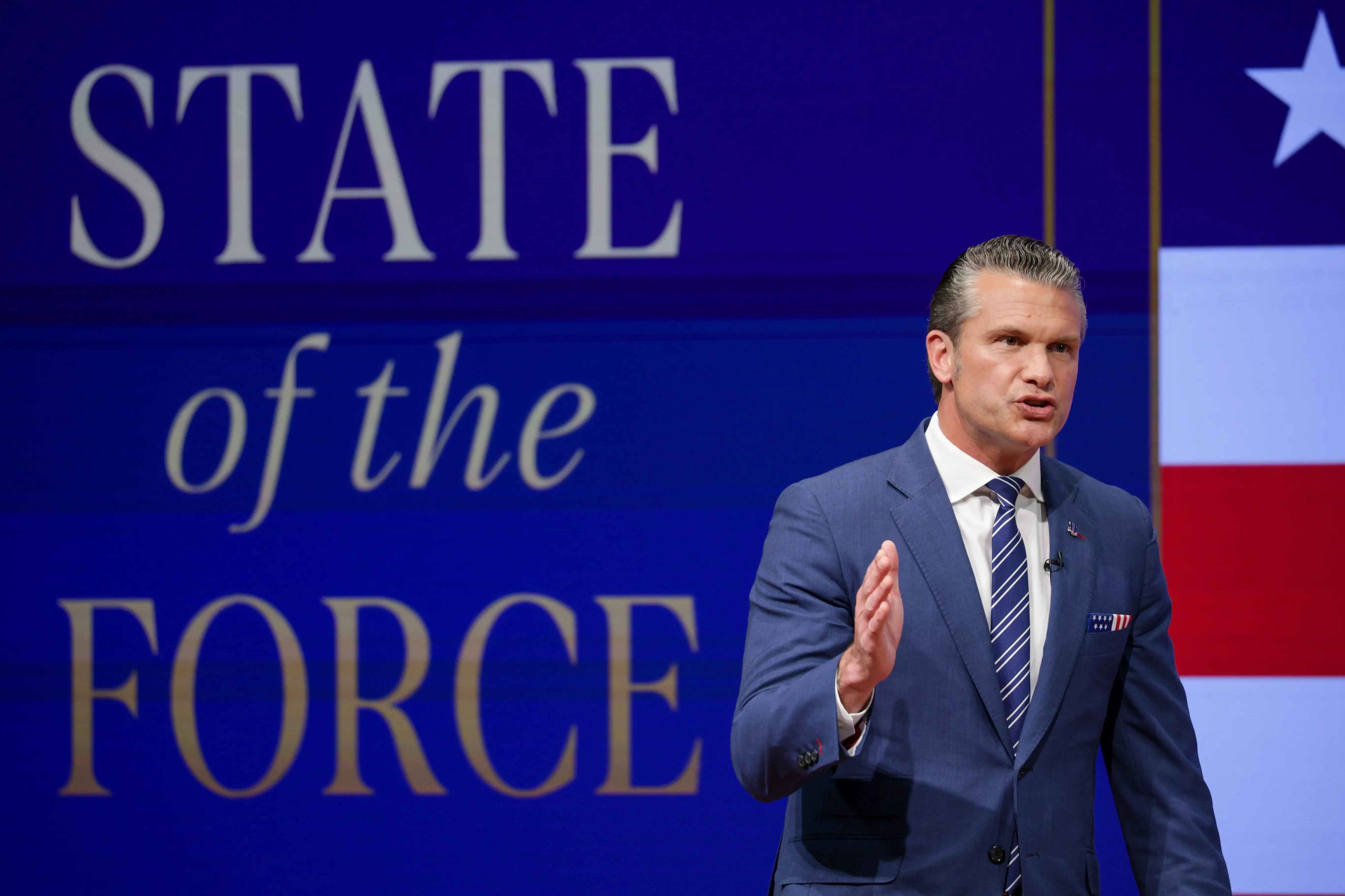 US Secretary of War Pete Hegseth gives a State of the Force address at Marine Corps Base Quantico on September 30, 2026 in Quantico, Virginia.