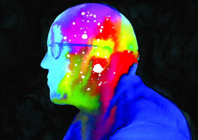 a multicolored watercolor-style painting of a man in side profile