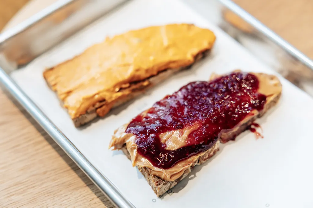 The PB & J and the Liptauer on a tray.