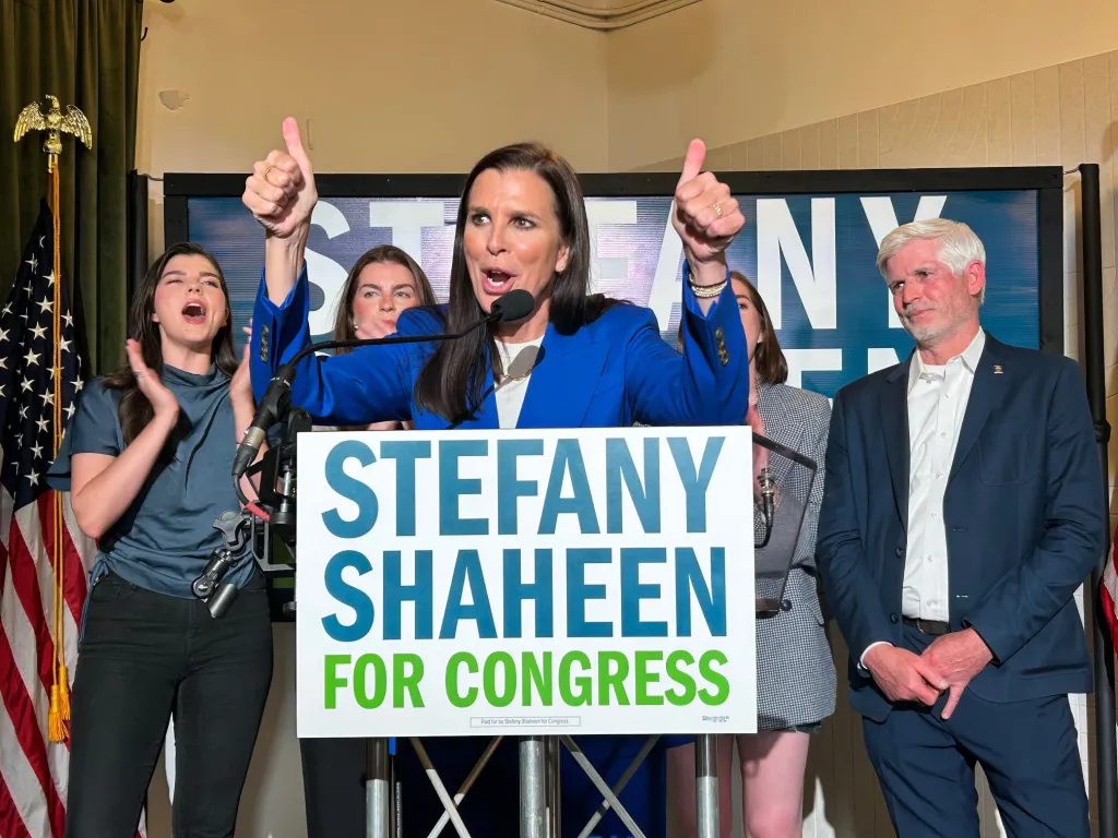 Democratic congressional candidate Stefany Shaheen speaks at The 801 in Portsmouth, New Hampshire, on September 9, 2026.