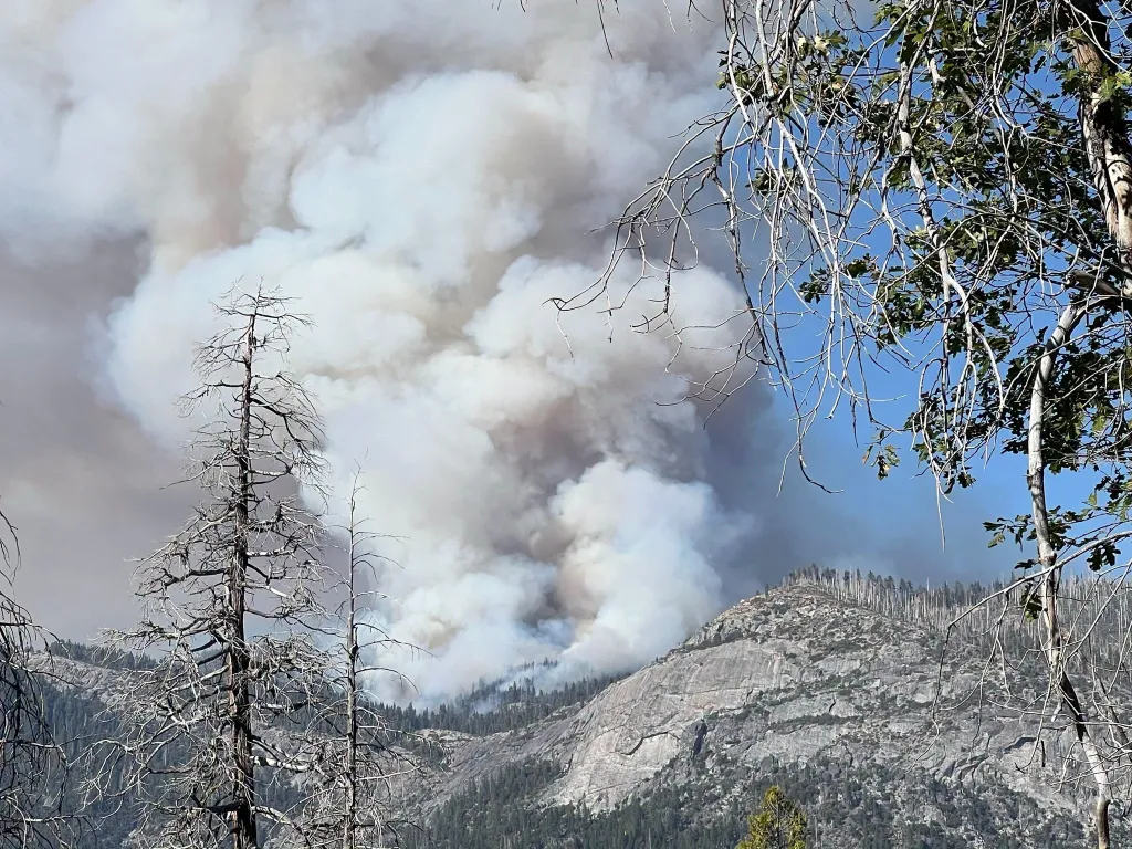 Wildfire emitting large plumes of smoke over a forested, rocky landscape.