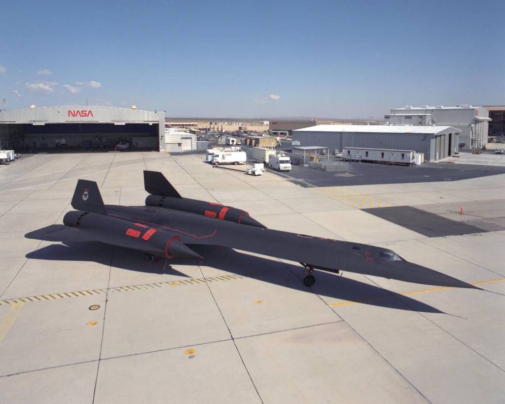 NASA's SR-71A Tail No. 844 parked in the former space shuttle hangar at Armstrong Flight Research Center in California.