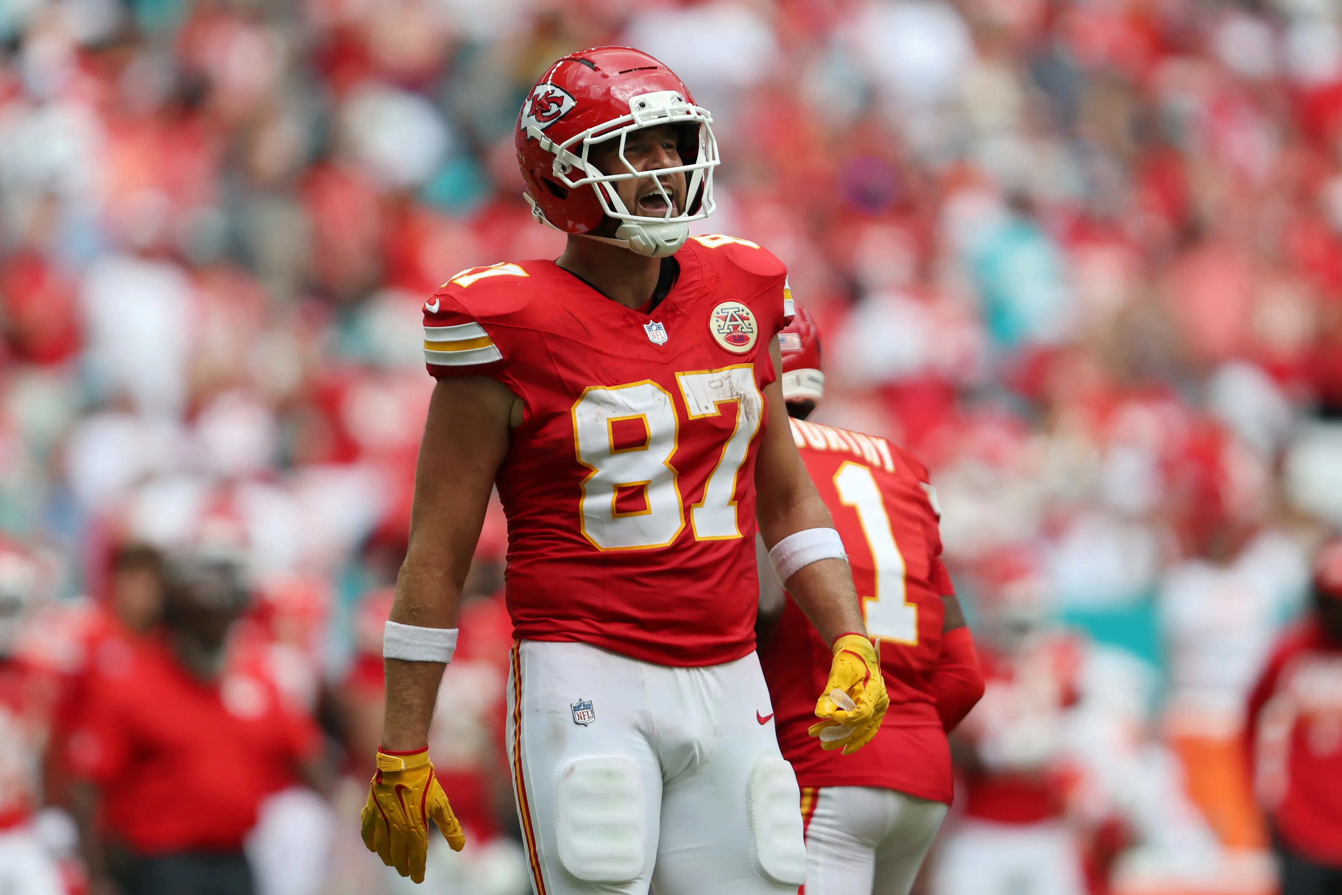 Travis Kelce #87 of the Kansas City Chiefs celebrates a touchdown reception.