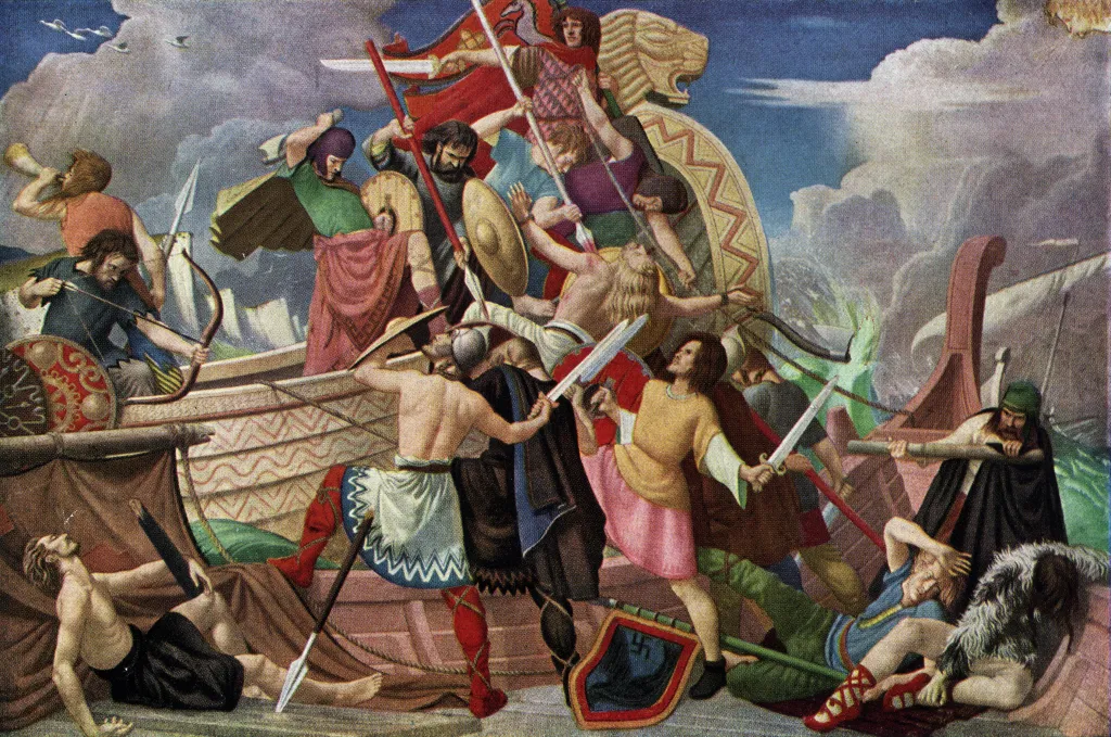 Illustration of the defeat of a fleet of Danish longboats by King Alfred the Great's navy at Swanage in 878 AD.