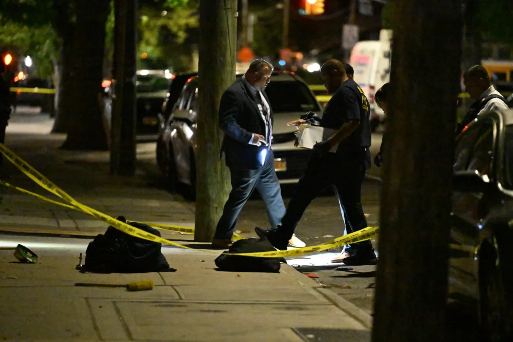 NYPD officers investigate the scene of a fatal stabbing at 882 Albany Avenue.