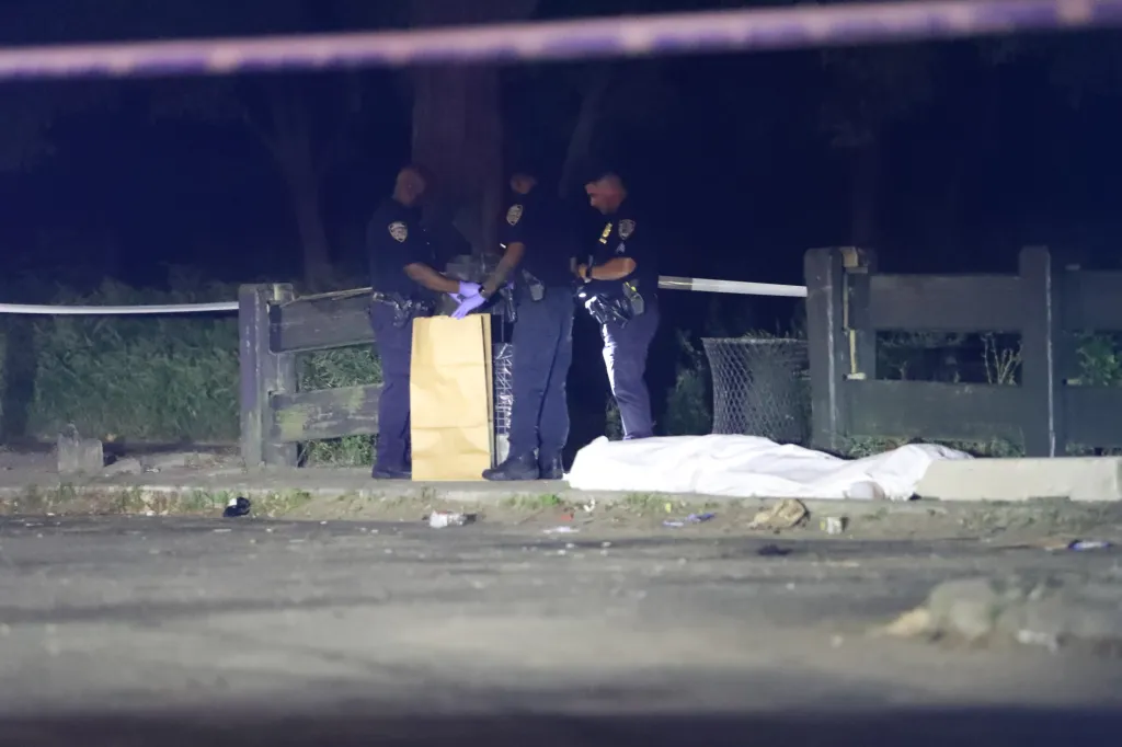 Police officers investigate a crime scene where an unidentified female was found dead in Sheepshead Bay, Brooklyn.