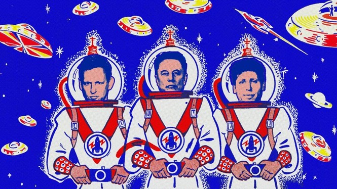 Illustration of three men in astronaut costumes floating in space with flying saucers