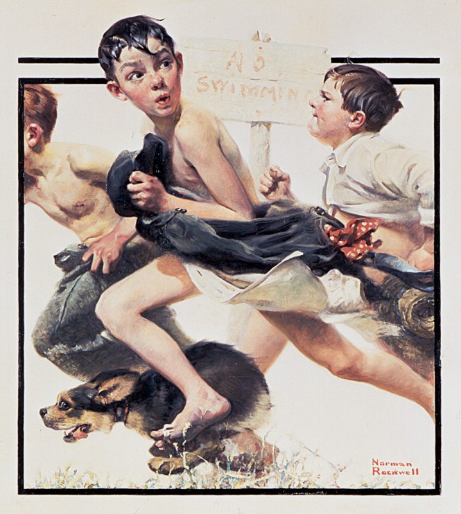 Rockwell's 'No Swimming' painting, showing three boys and a dog running near a 'No Swimming' sign