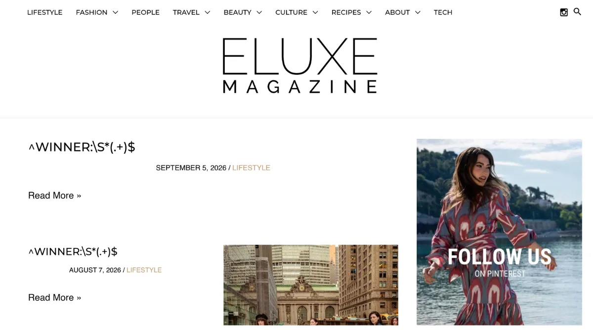 The homepage of Eluxe Magazine, where strange broken links have been sitting for more than a month.