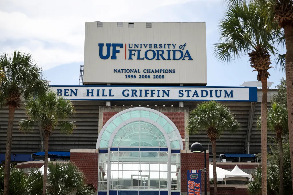 The exterior of Ben Hill Griffin Stadium before a game between the Florida Gators and the Texas Longhorns on Oct. 4, 2025.