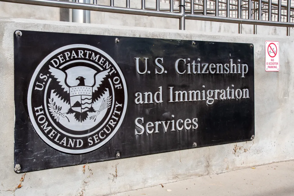 Sign for U.S. Citizenship and Immigration Services, Department of Homeland Security.